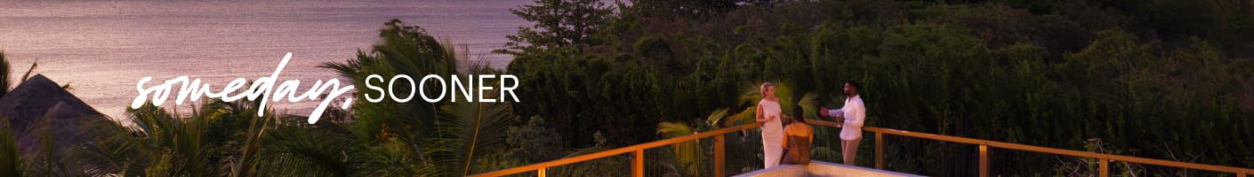 Three people mingle on a balcony overlooking the ocean; text overlay reads "Someday, Sooner.