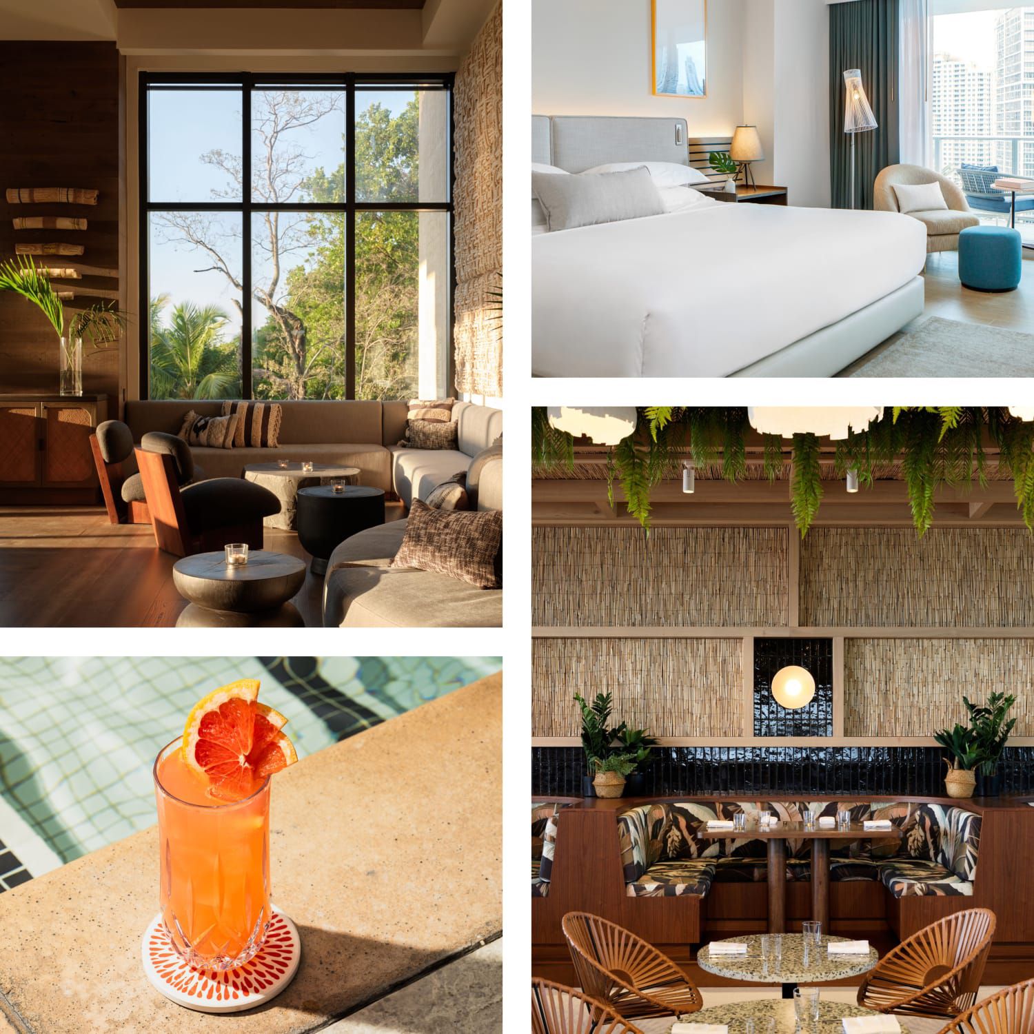 A collage of hotel scenes featuring serene rooms, modern lobbies and crafted cocktails.