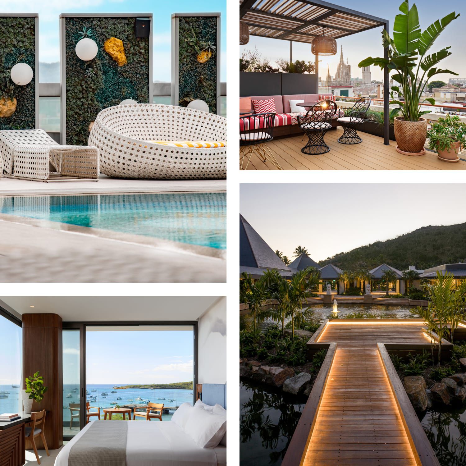 A rooftop lounge overlooking the city, poolside daybeds, a guest room view over the water, and a tropical resort at dusk.