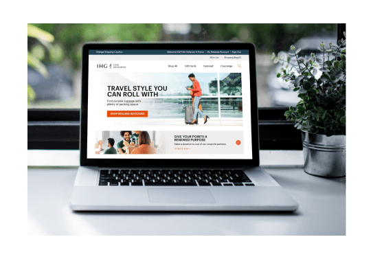 View of a laptop with the IHG One Rewards Catalog homepage open