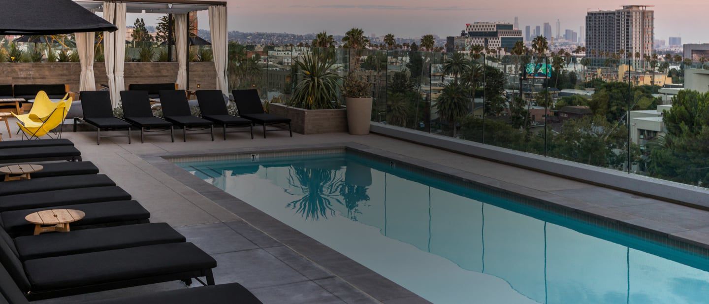 Serene and upscale rooftop pool at the Kimpton Everly Hotel Los Angeles