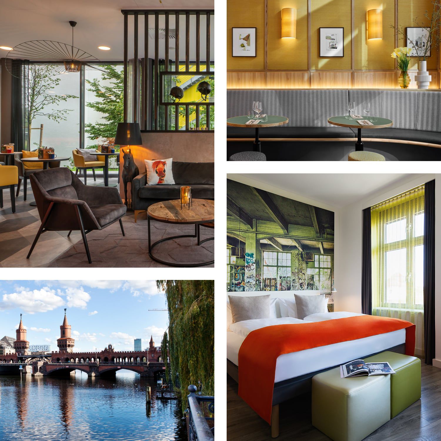 Cluster of images featuring a modern hotel lounge, stylish dining area, comfortable bedroom, and a scenic riverside view with a historic bridge.