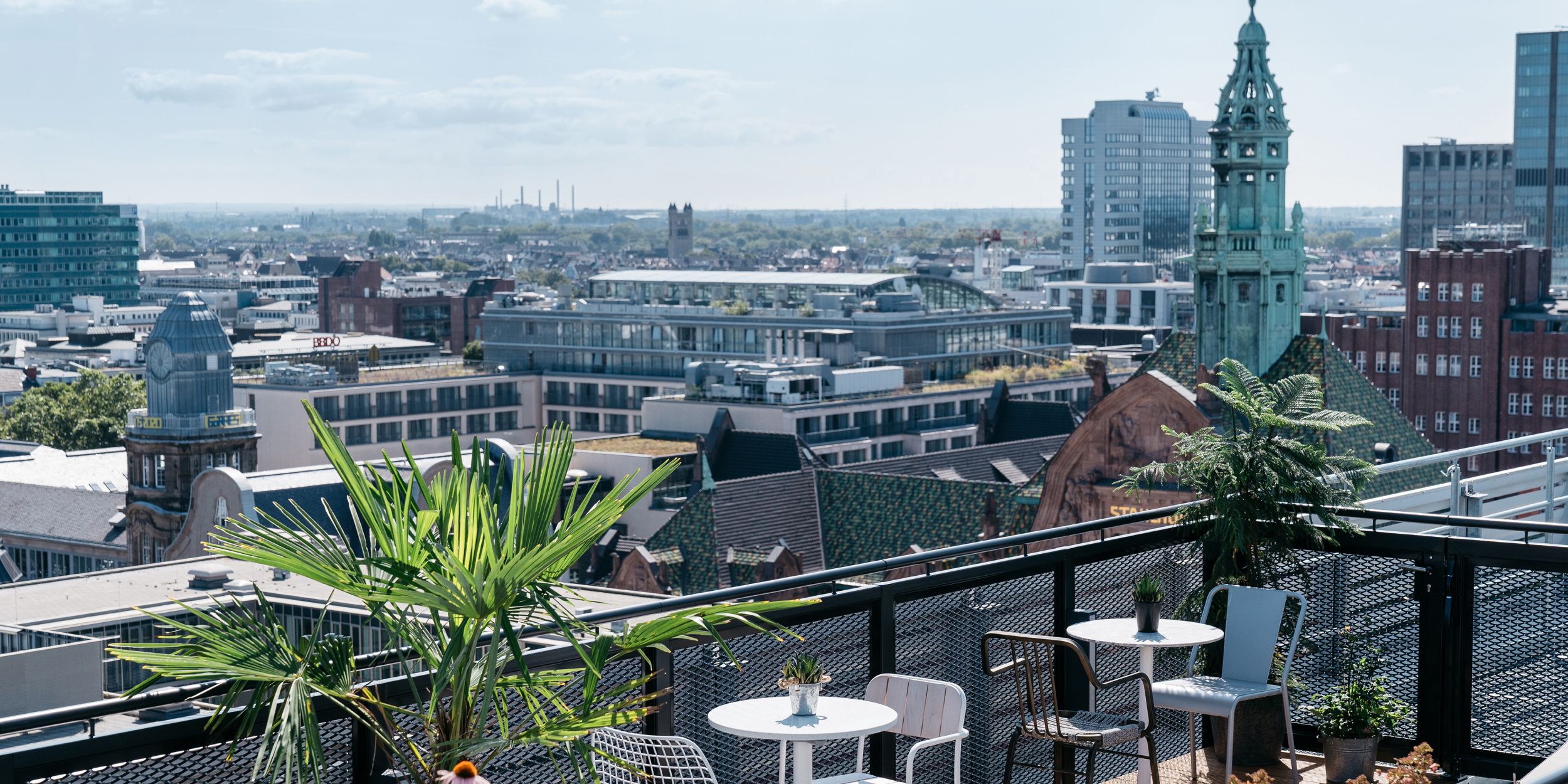 A view of the Düsseldorf skyline from the Ruby Luna Hotel rooftop bar.