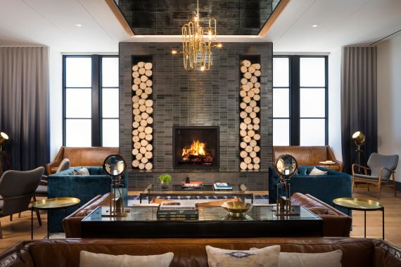 Cozy interior lobby with extravagant fireplace