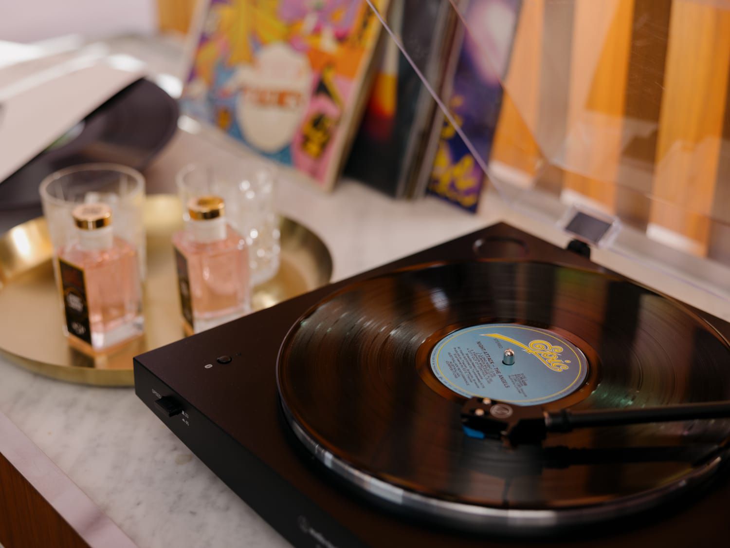 Vinyl record player on bar counter