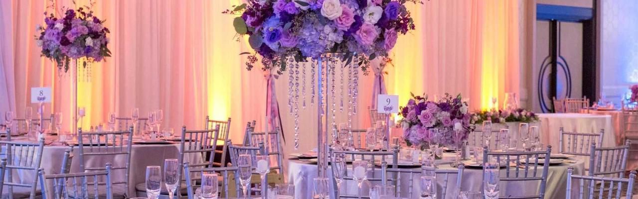 Banquet room decorated for a wedding