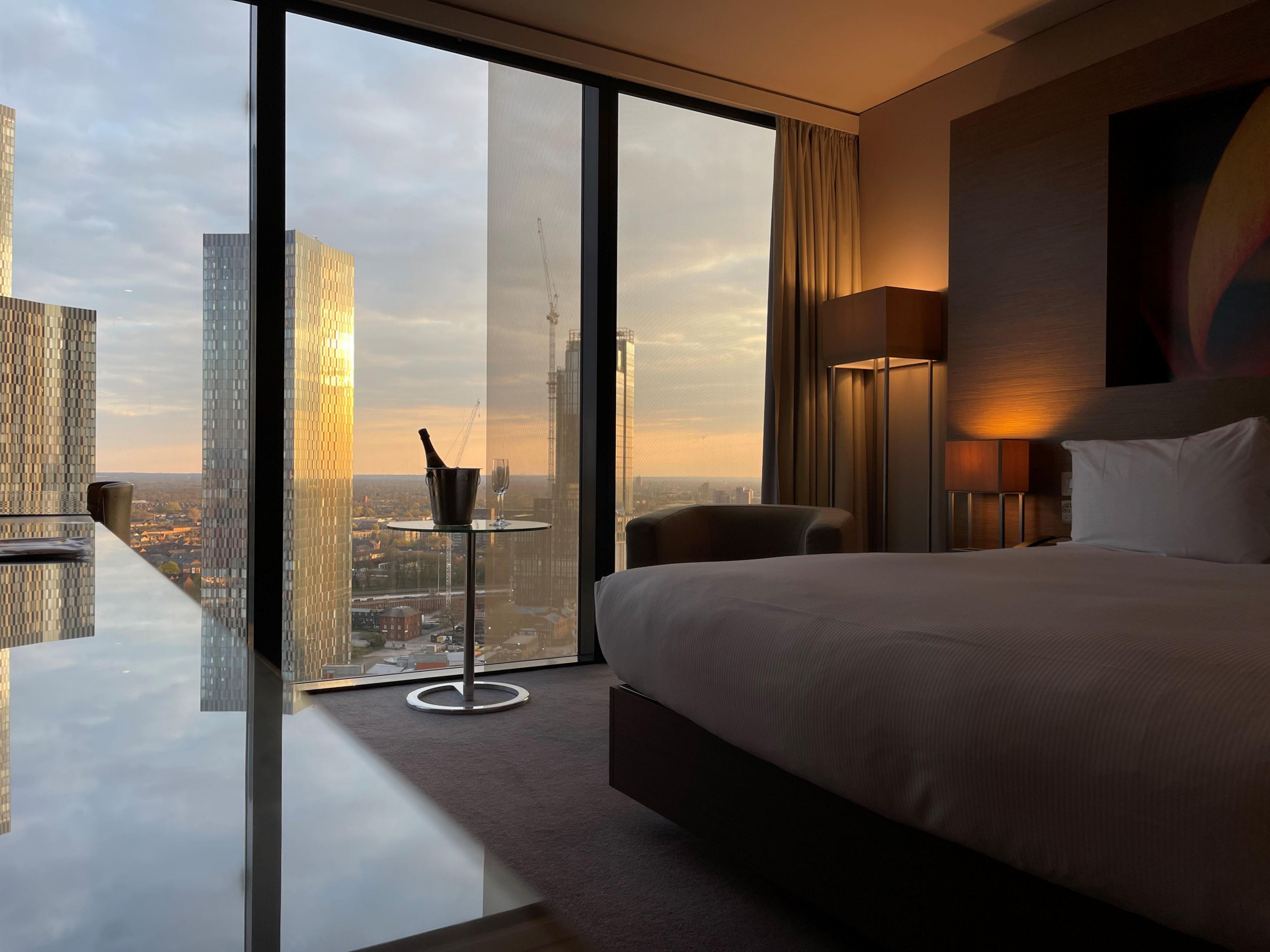 hotel guest room with sunset views