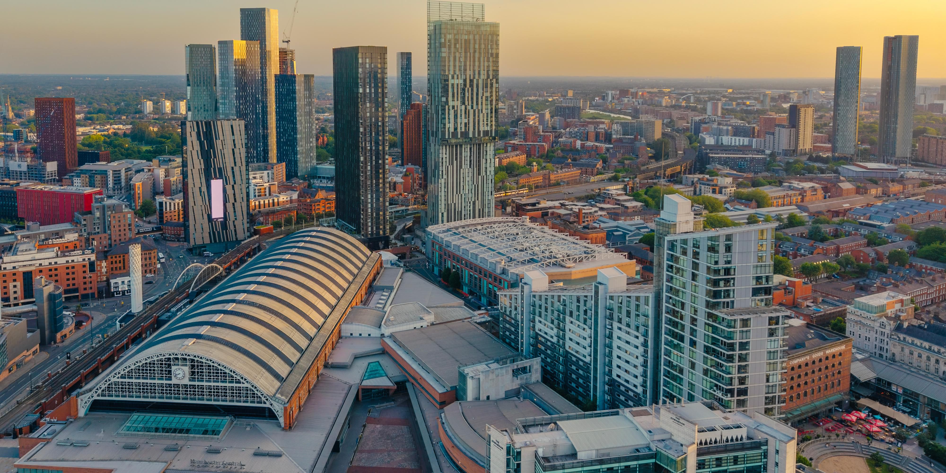 Skyline views from The Manchester Deansgate hotel at sunset glow