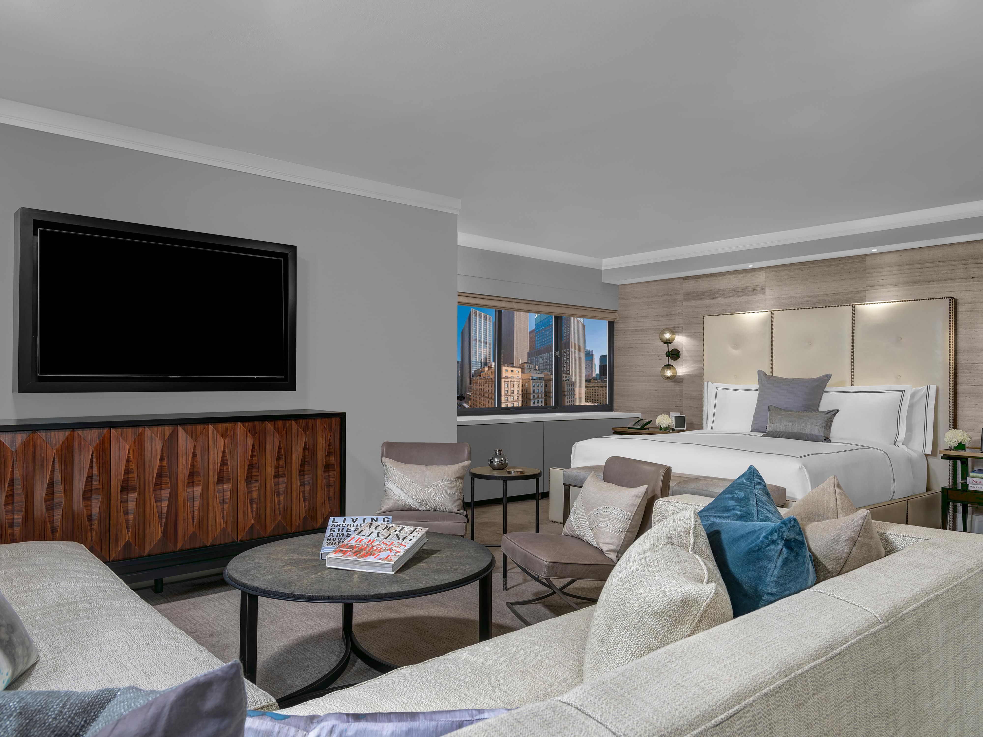 Relax in style in our spacious family-friendly guest rooms with plush pillow-top mattresses, oversized bathrooms with thoughtful amenities, and double pane windows for a quiet night’s sleep. Stay productive at an ergonomic work desk and entertained with a 37” flat-screen TV. We are your tranquil escape amidst the bustling city.
