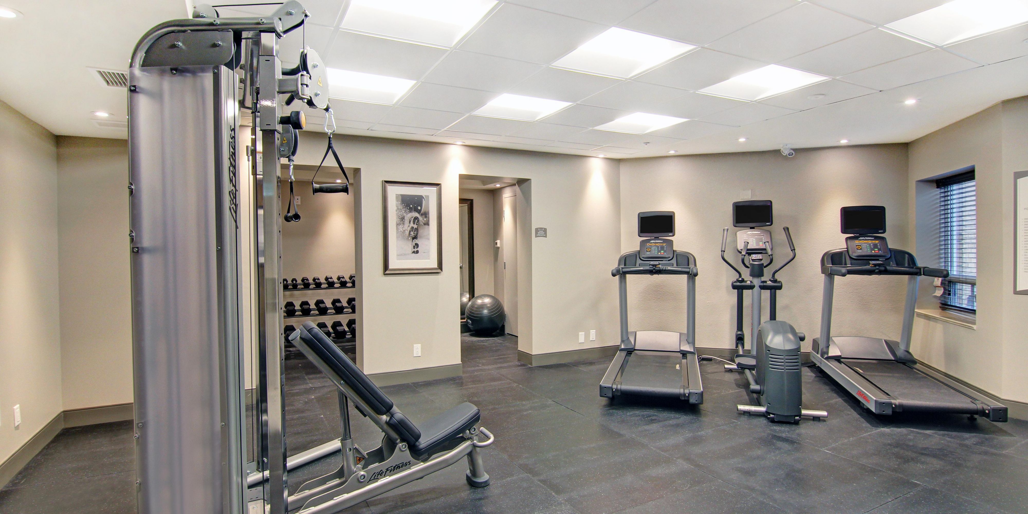 A variety of cardio machines and free weights are available.