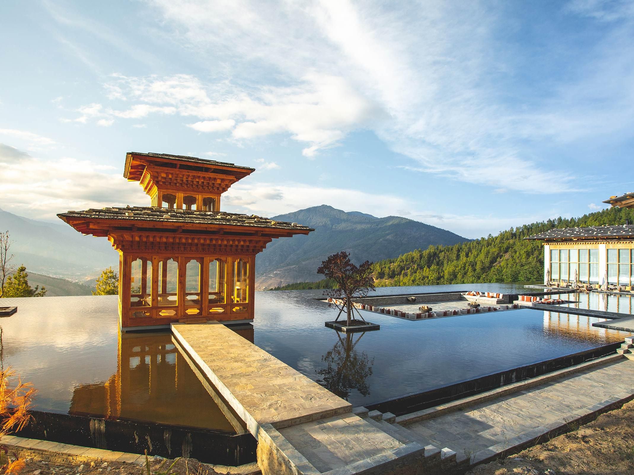 Six Senses Thimphu praying pavilion with reflecting pond