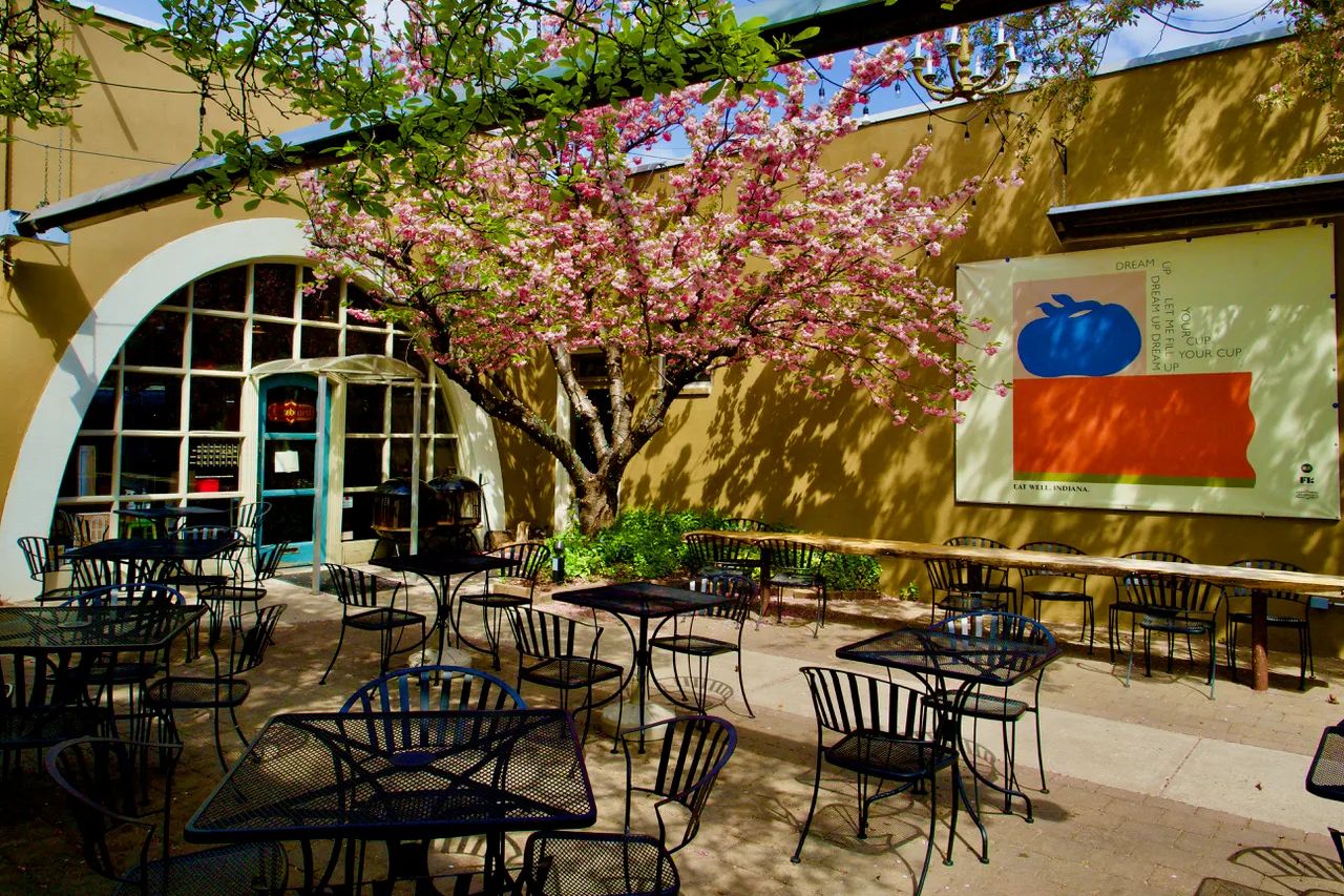 Outdoor patio seating at Bluebeard restaurant.
