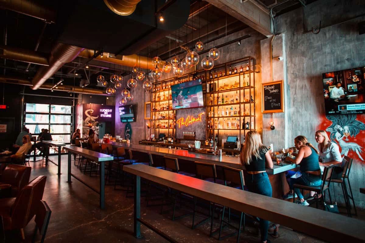 Guests gathered at the bar at The Oakmont, a stylish Indianapolis bar and restaurant.