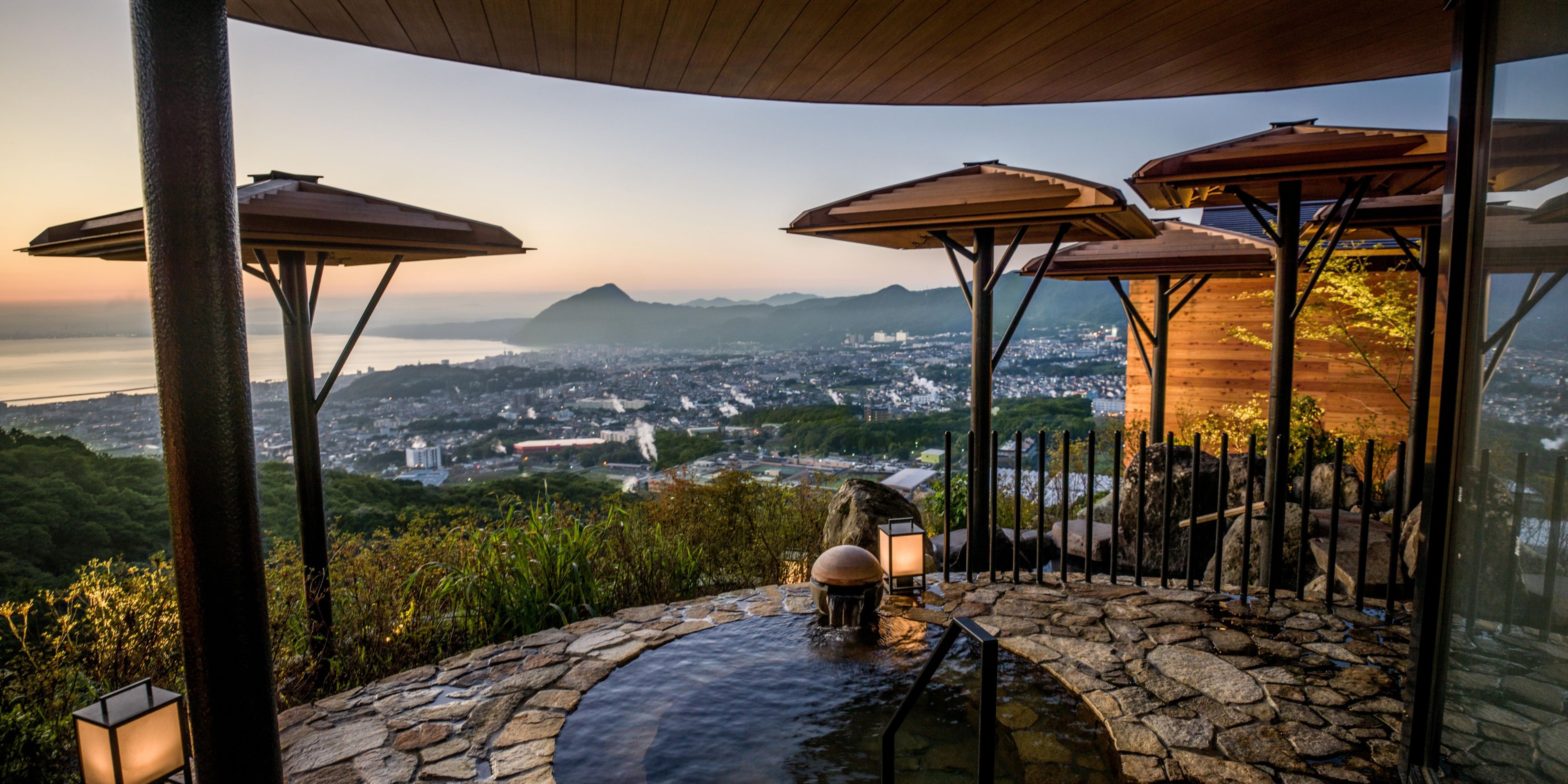 The stylish, modern onsen has been designed with a soothing array of natural elements, including Japanese cypress and Beppu stone. Soak in the region’s famed myoban waters, known for properties that cleanse and beautify the skin, while looking out over the beautiful Beppu Bay.