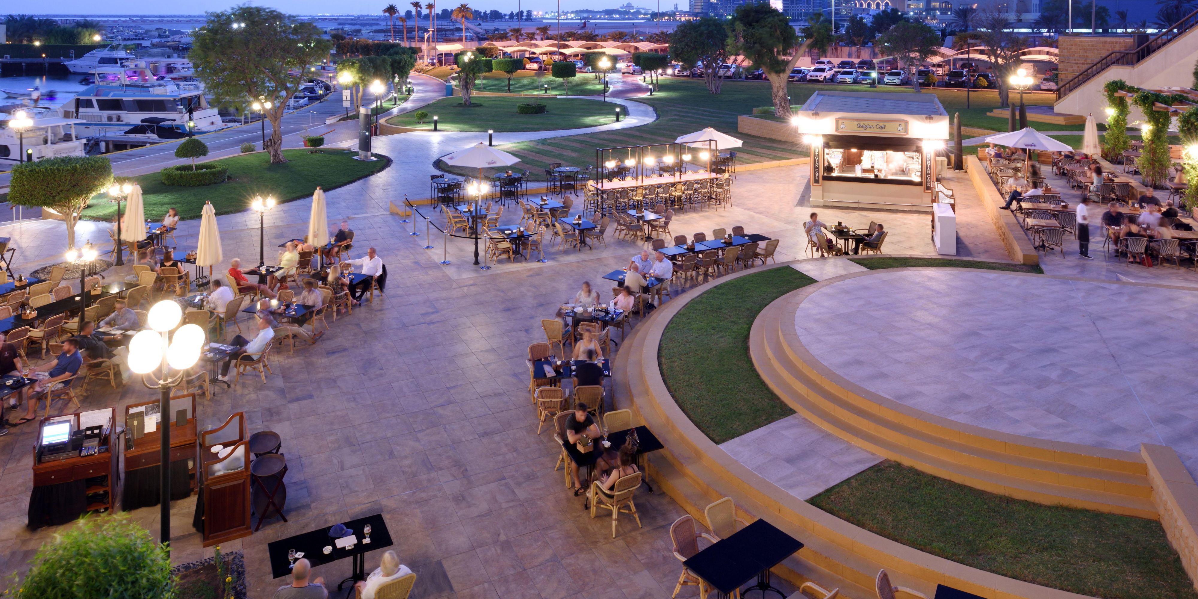 Marina Walk, InterContinental Abu Dhabi is a vibrant waterfront destination and home to six signature restaurants with outdoor terraces, including Byblos Sur Mer, Fishmarket, Belgian Café, Porto Gina, Chamas Churrascaria & Bar, and Cho Gao. Savor noteworthy cuisine, enjoy exceptional service and live performances that echo the rhythm of the marina