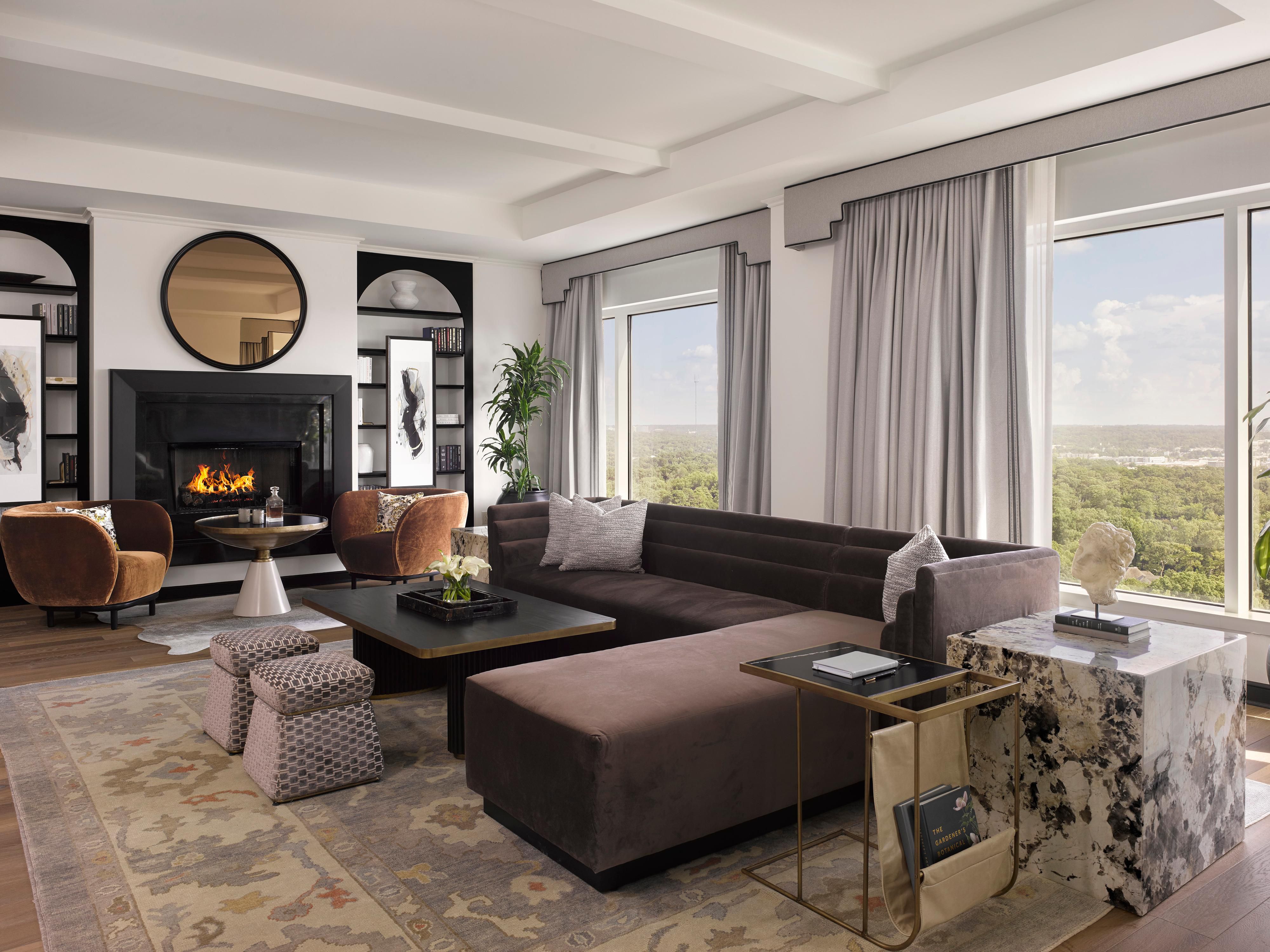Presidential Suite Parlor with Fireplace and City Views.