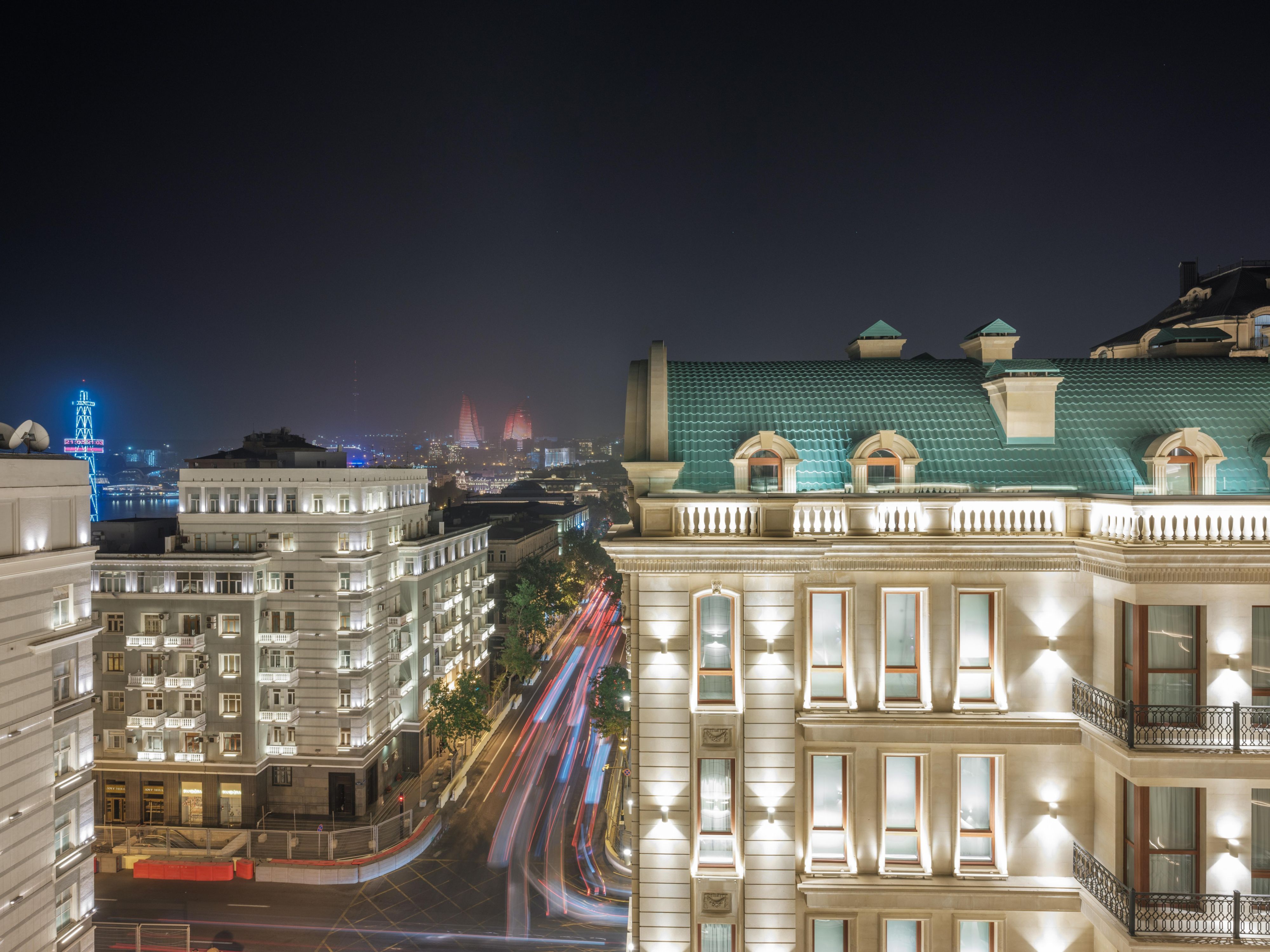 Night view from Intercontinental Baku to the iconic Flame Towers 