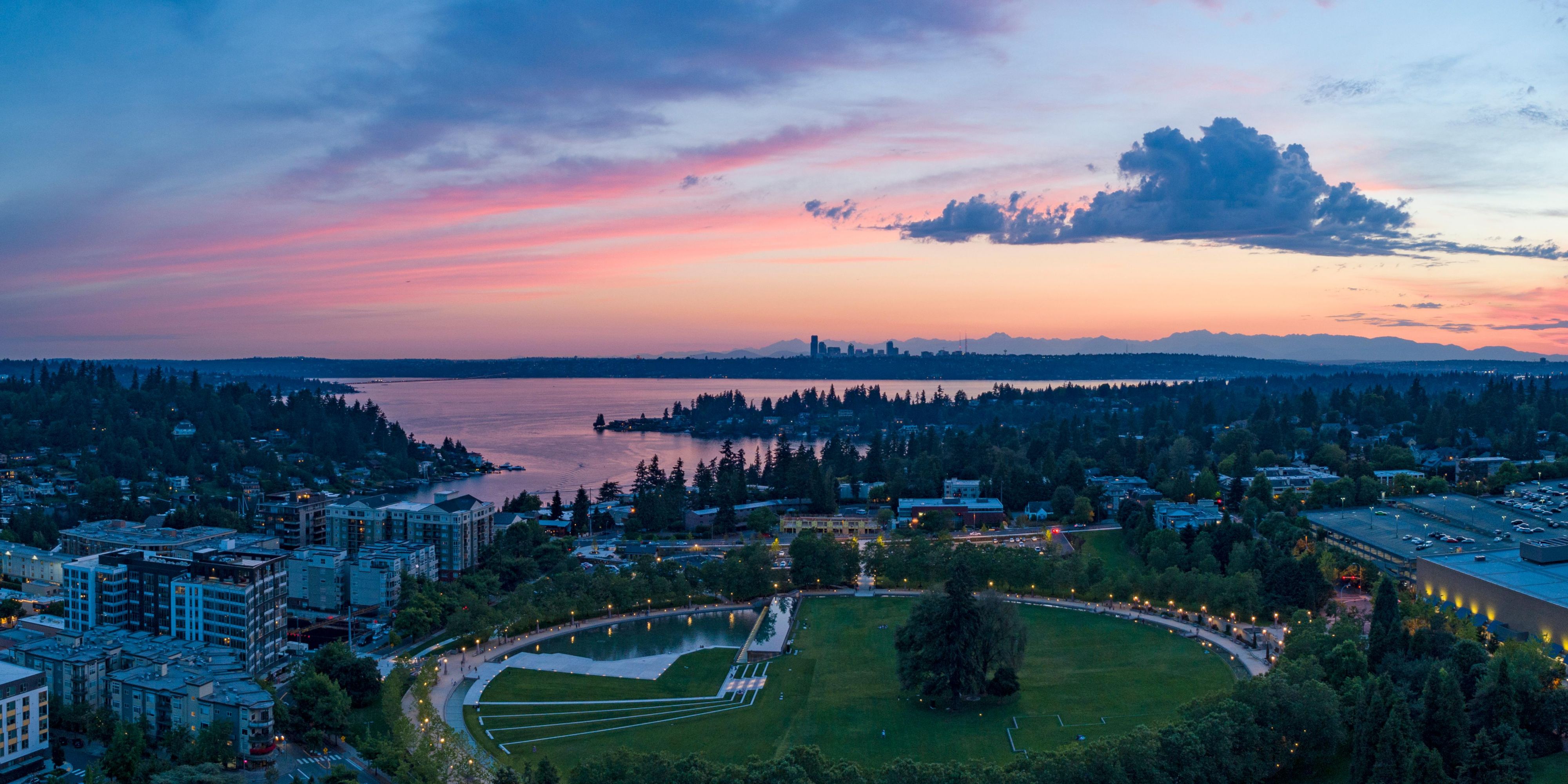 Bellevue Downtown Park at sunset.