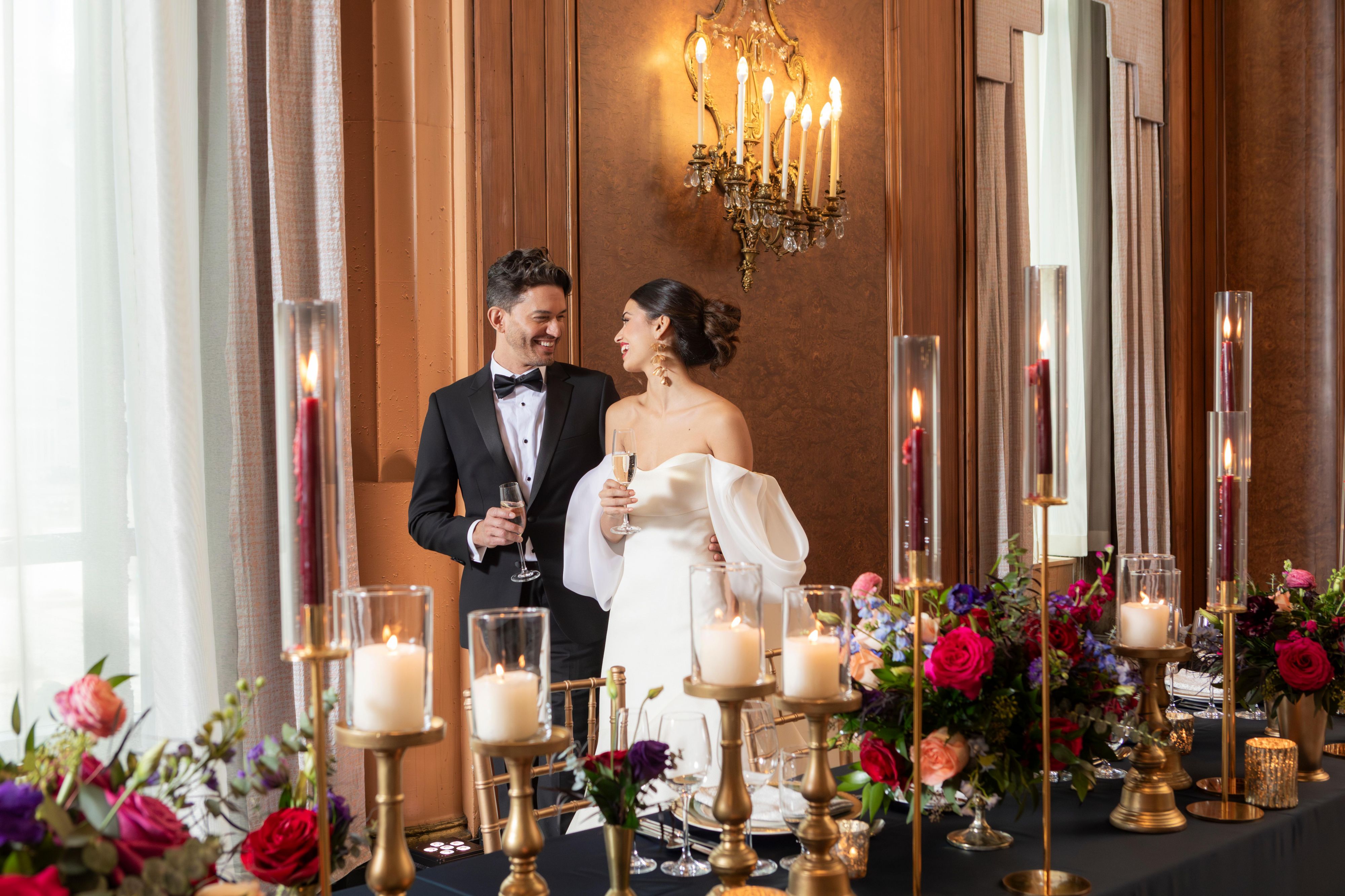 Bride and groom embracing