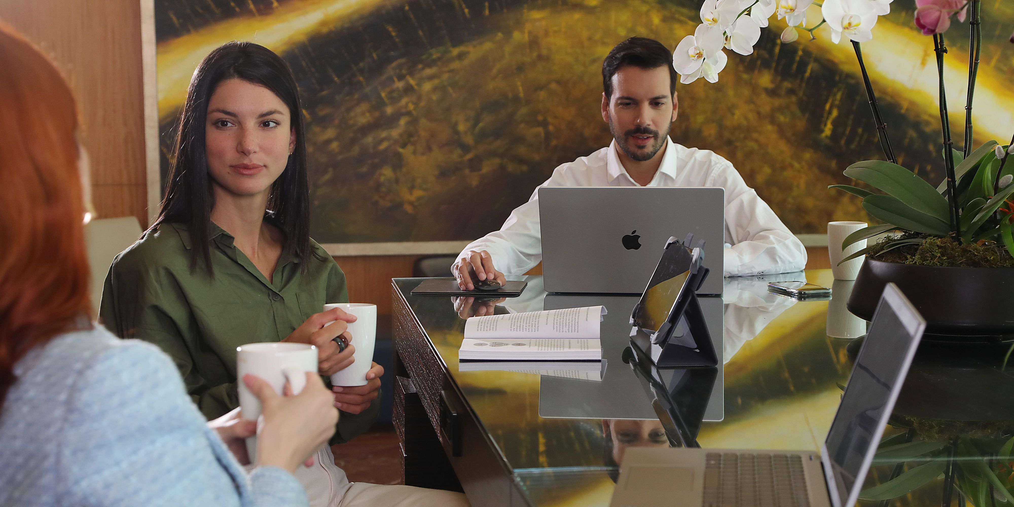 People working together in the lobby