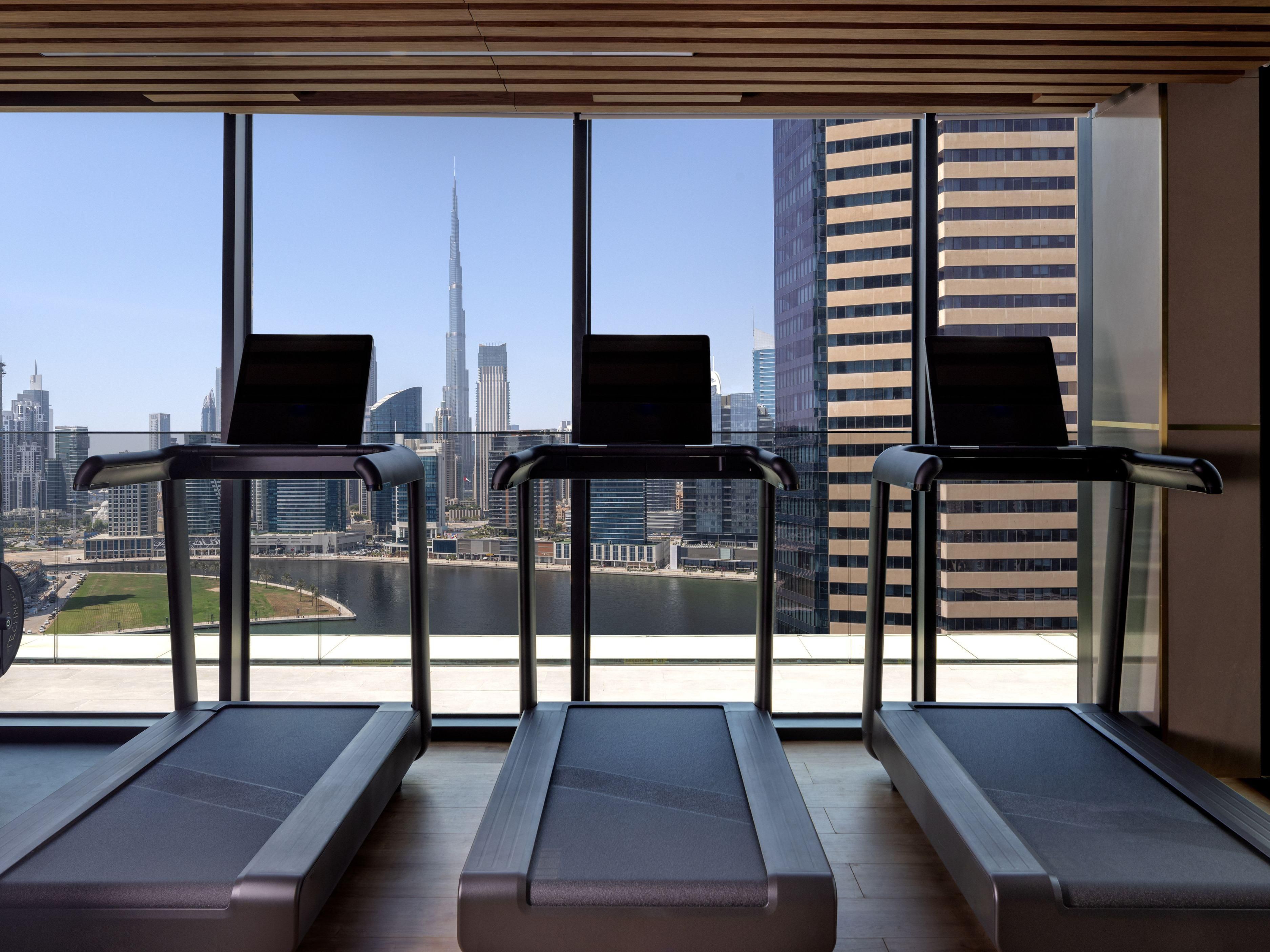 Fully equipped fitness centre with Burj Khalifa views