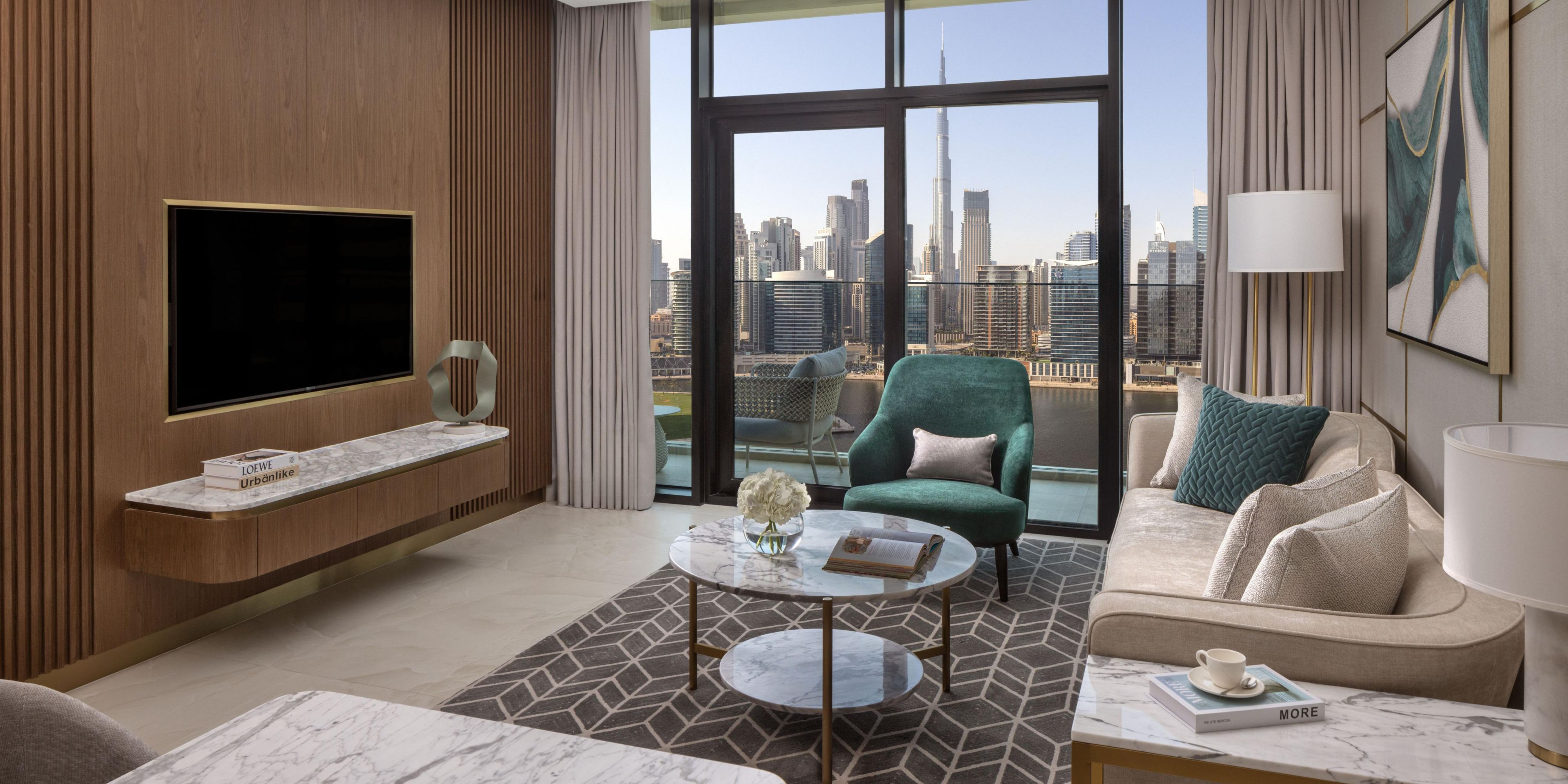 Dubai skyline and Burj Khalifa views from living area