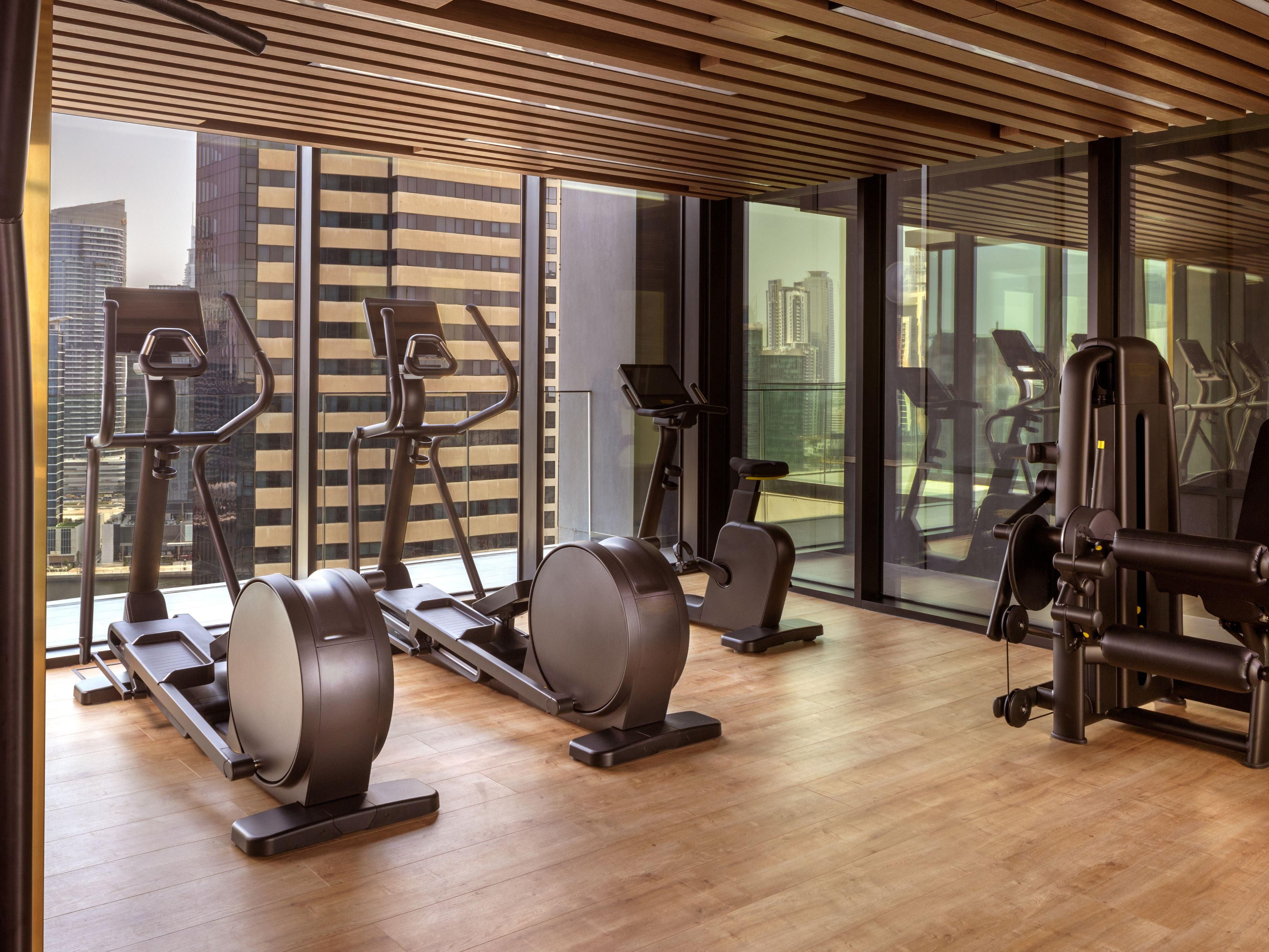 Health club with Dubai canal and Dubai skyline views