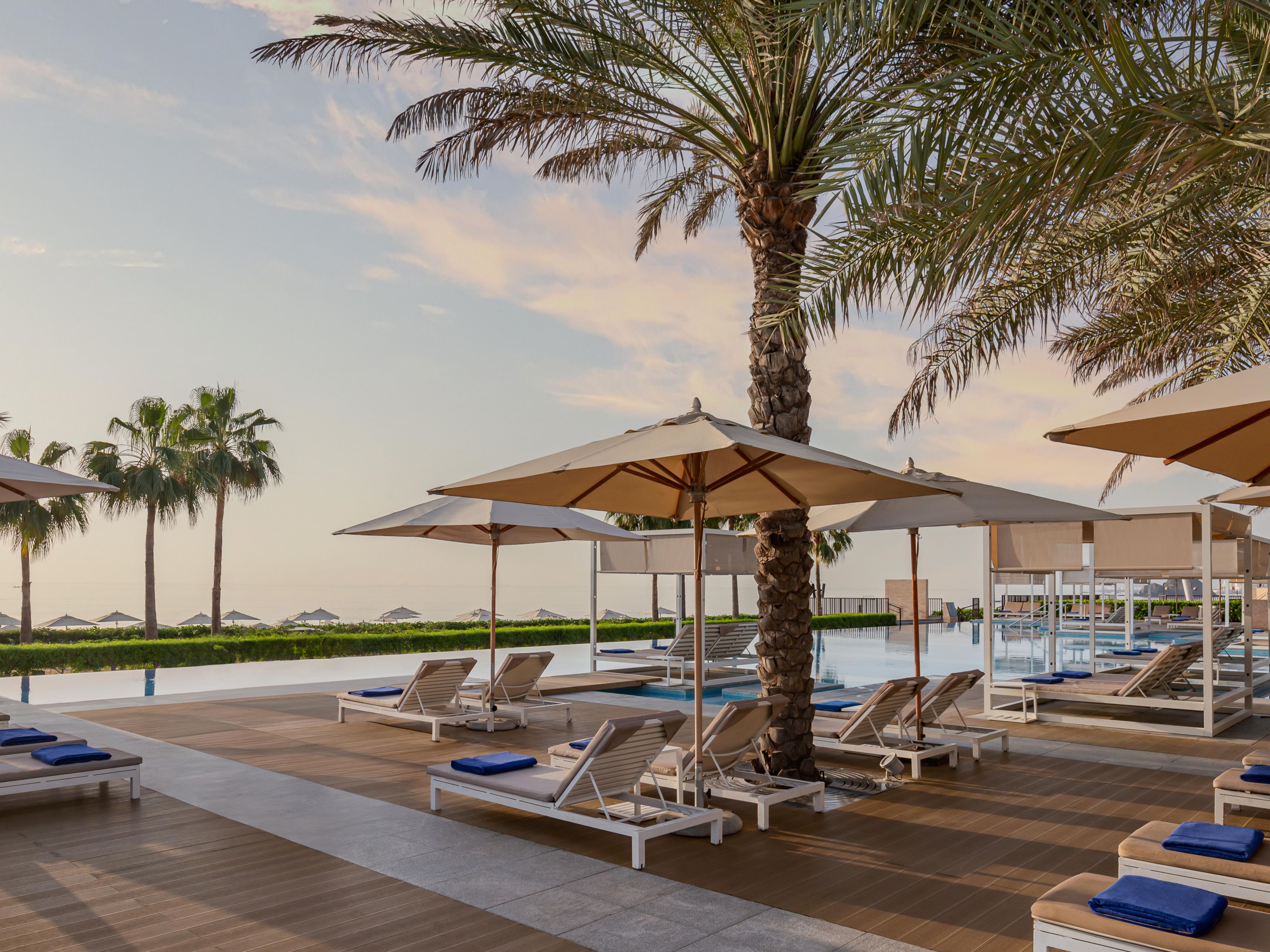 Luxury poolside with palm-lined relaxation