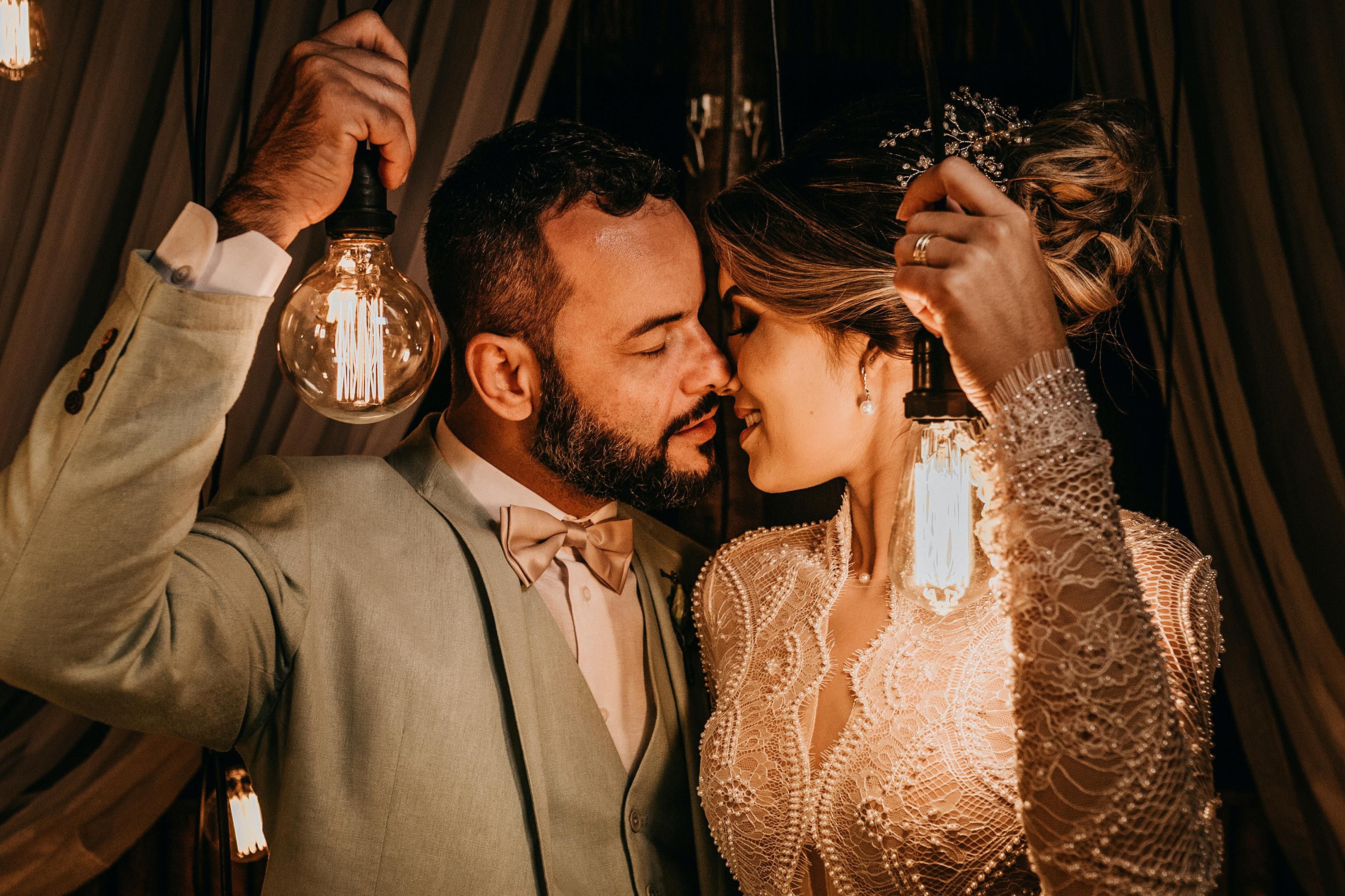 Bride and groom embracing