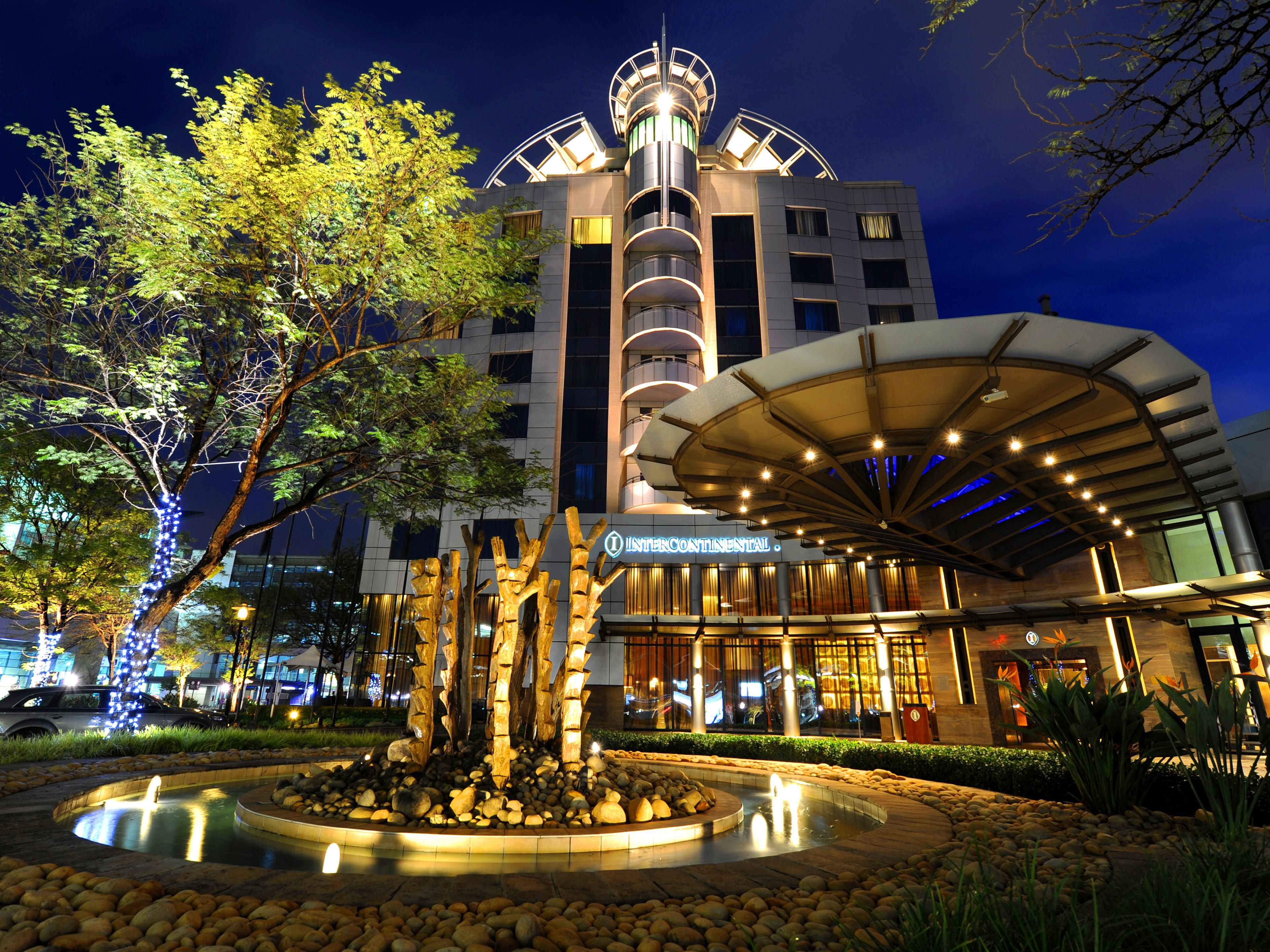Hotel exterior arrival area at night