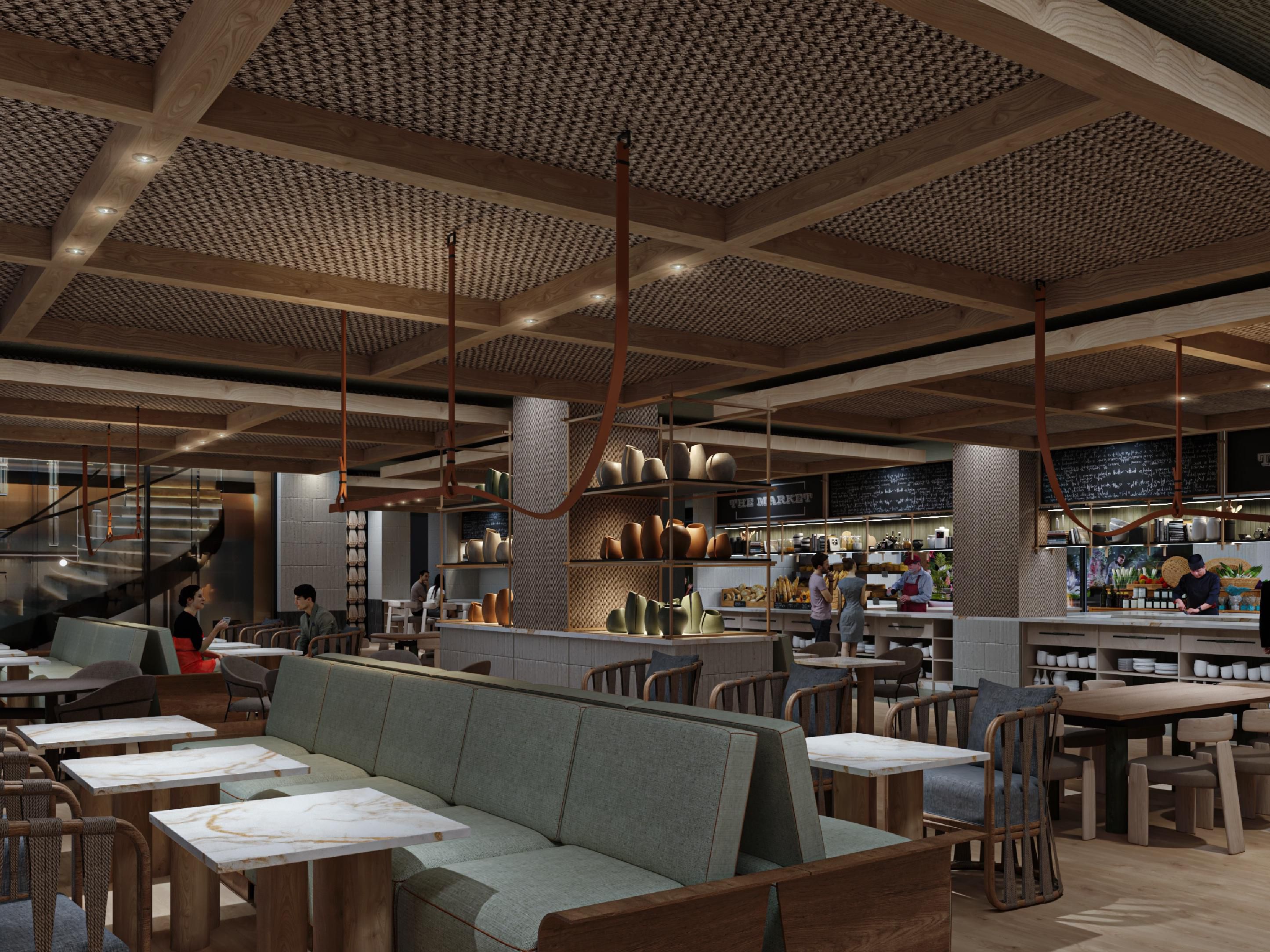 El mercado sirve cocina americana y está abierto durante todo el día.