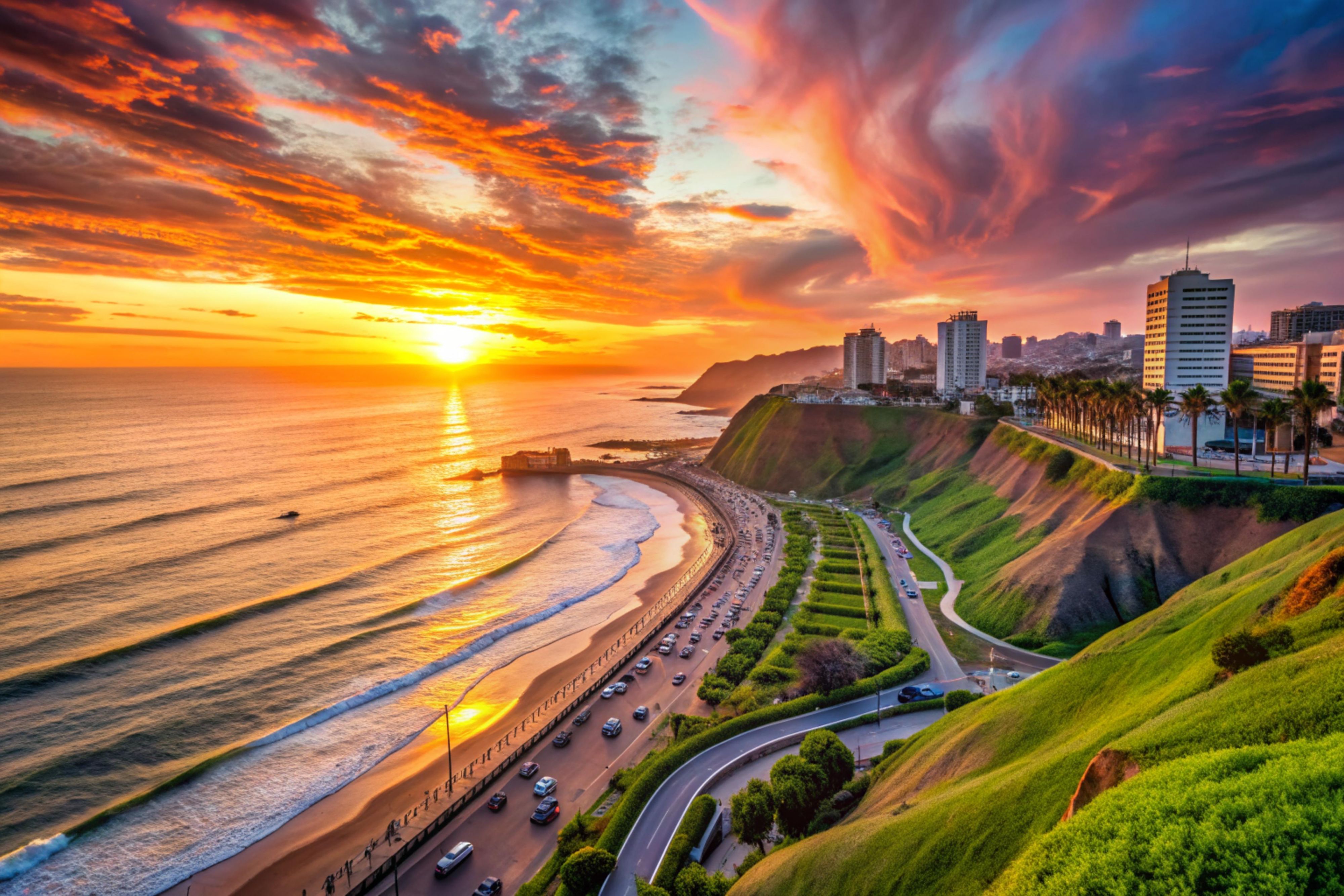 Sunset views of Lima buildings and beach.