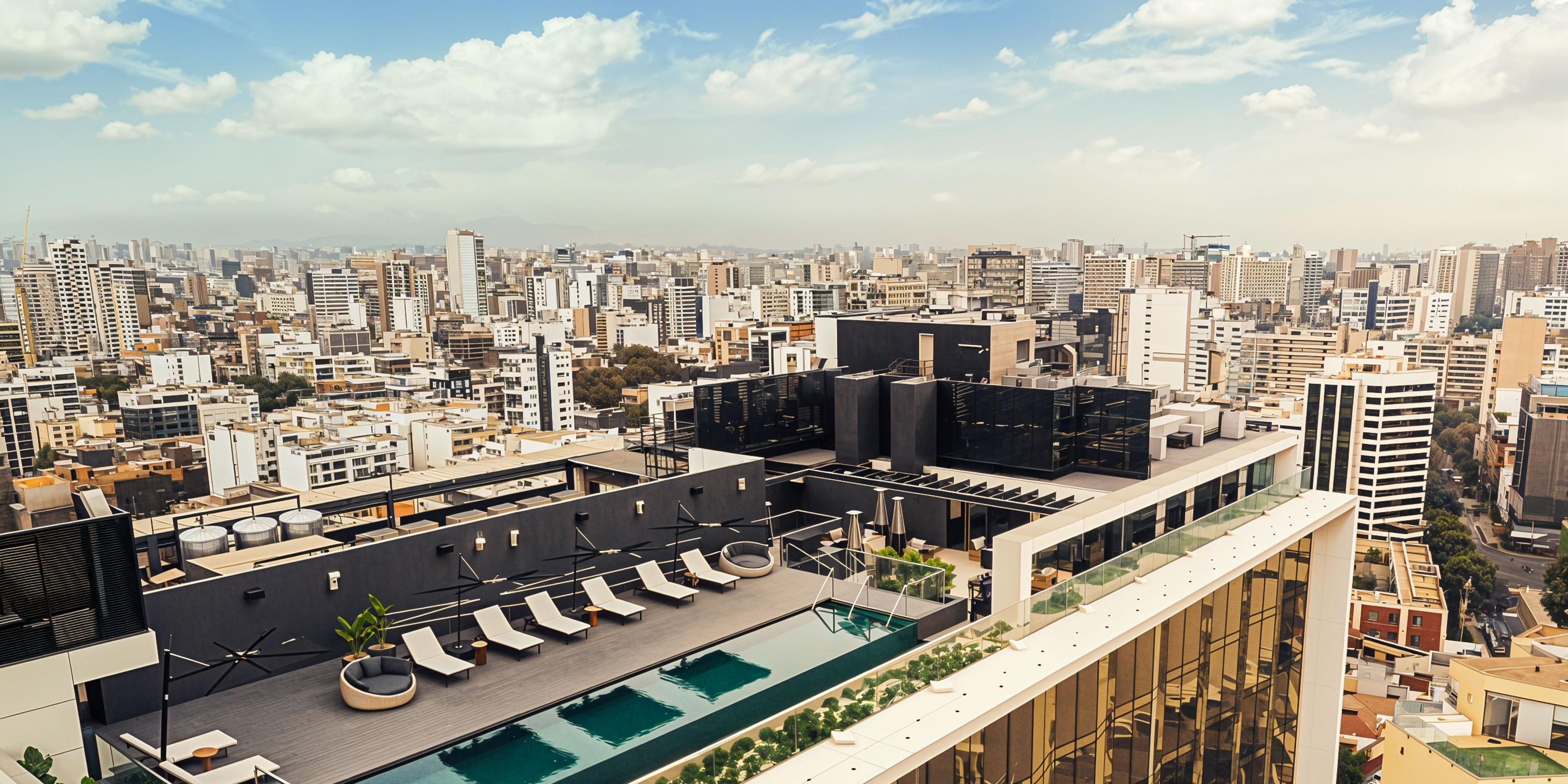 Vista aérea de la piscina de la azotea del hotel con la ciudad al fondo.