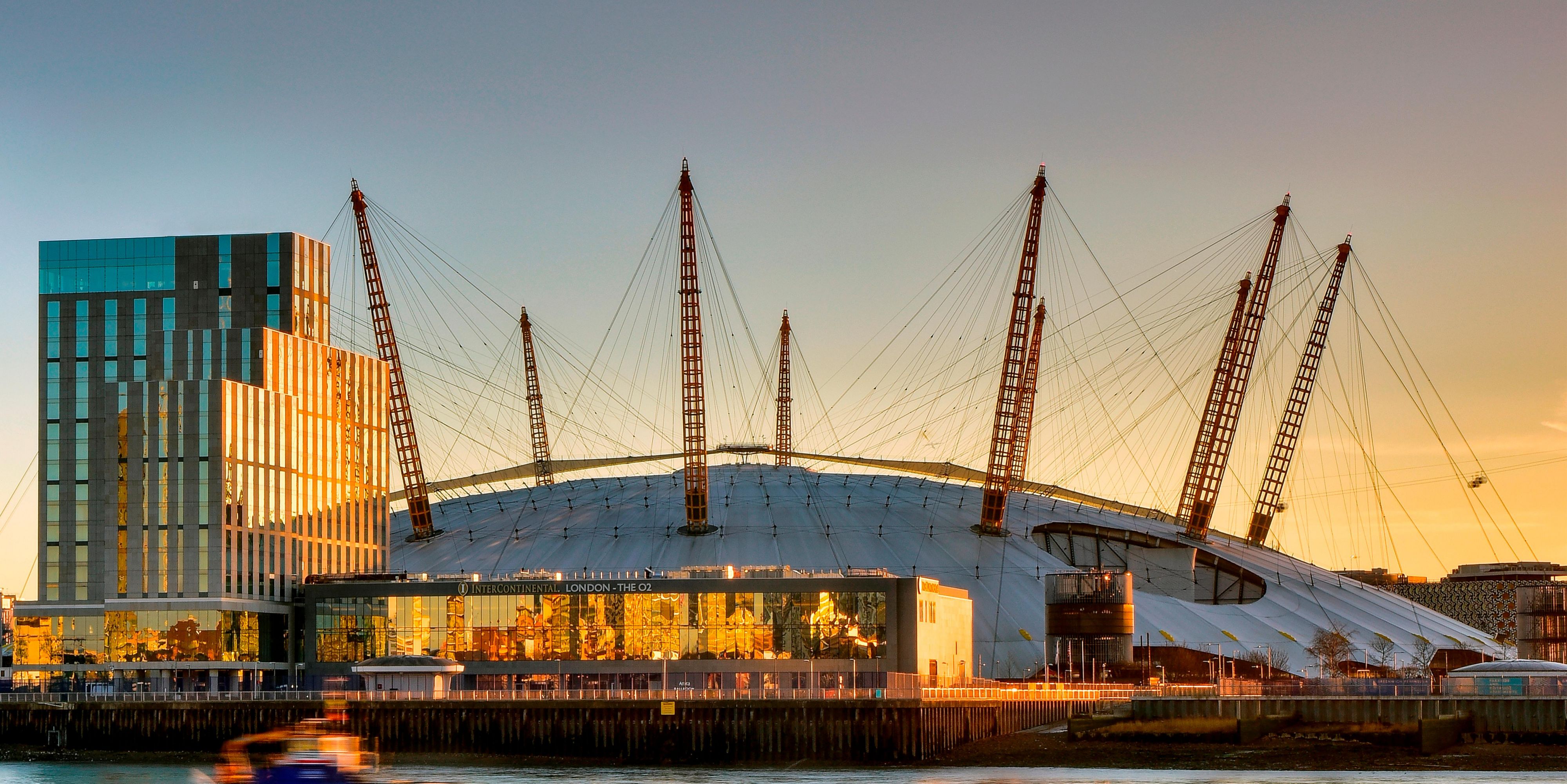 Iconic view of The O2 at sunset along The Thames.