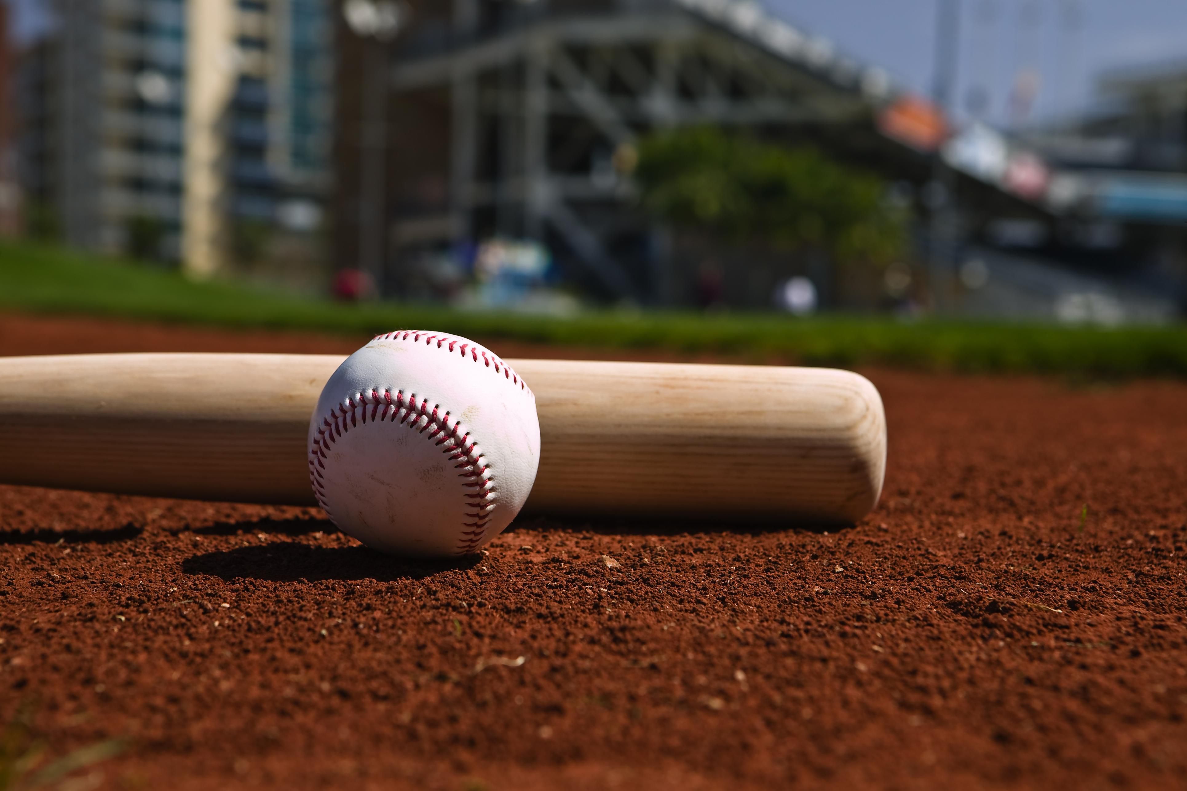 Bat and baseball on field