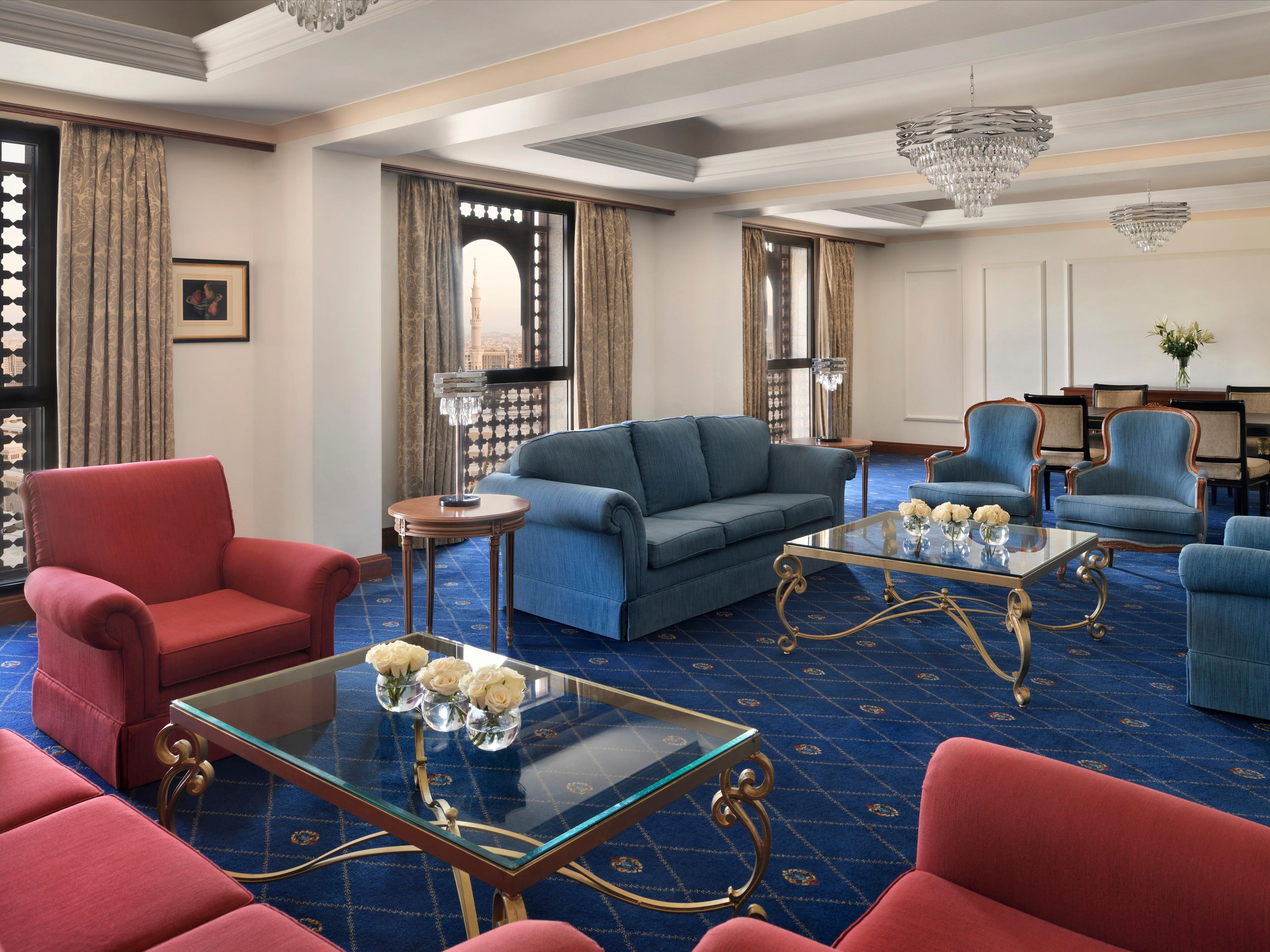 Elegant Royal and Presidential Suite living space with Haram views