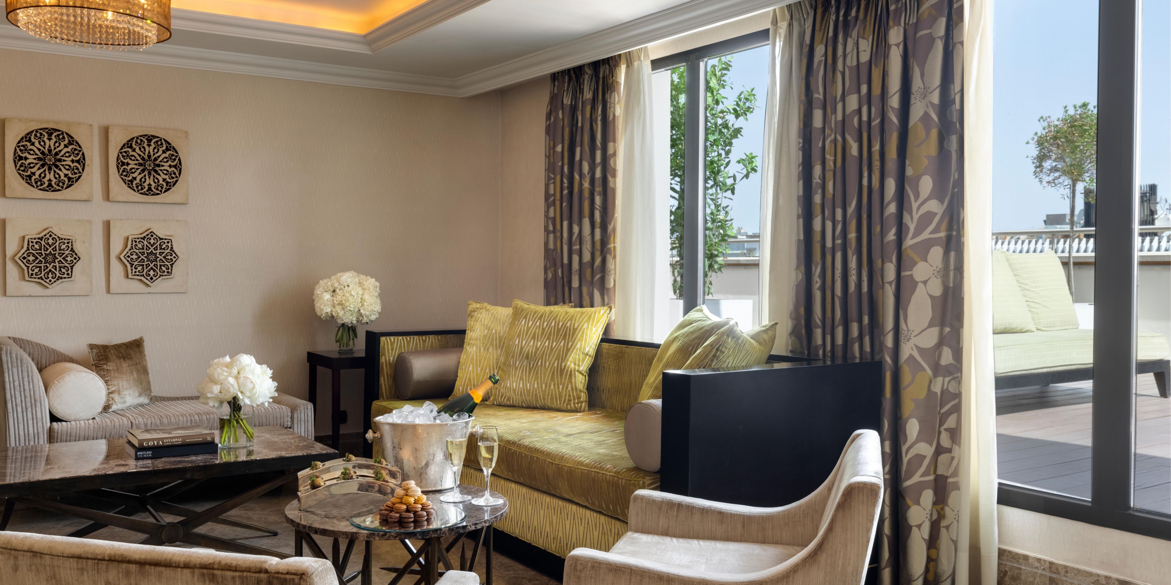Comfortable living room and spacious terrace of Royal Suite