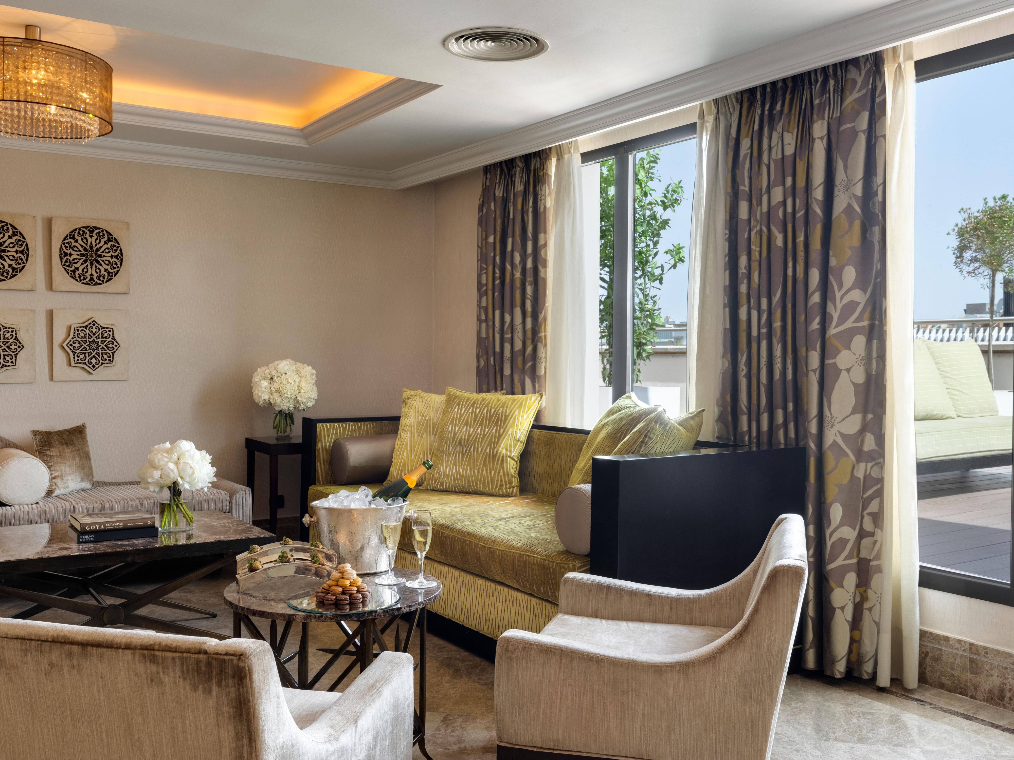 Comfortable living room and spacious terrace of Royal Suite