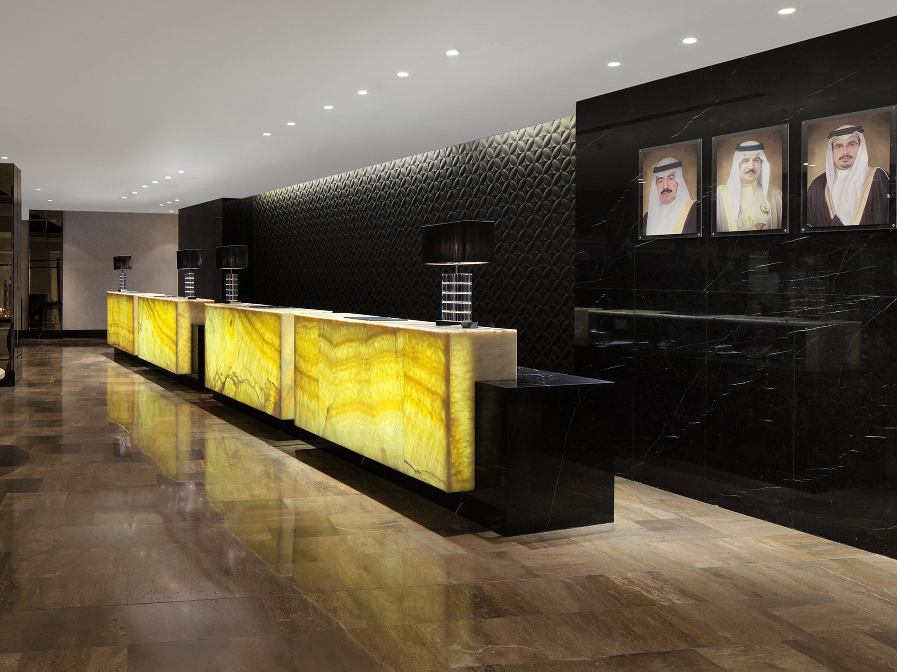Beautifully lit marble lobby reception desk
