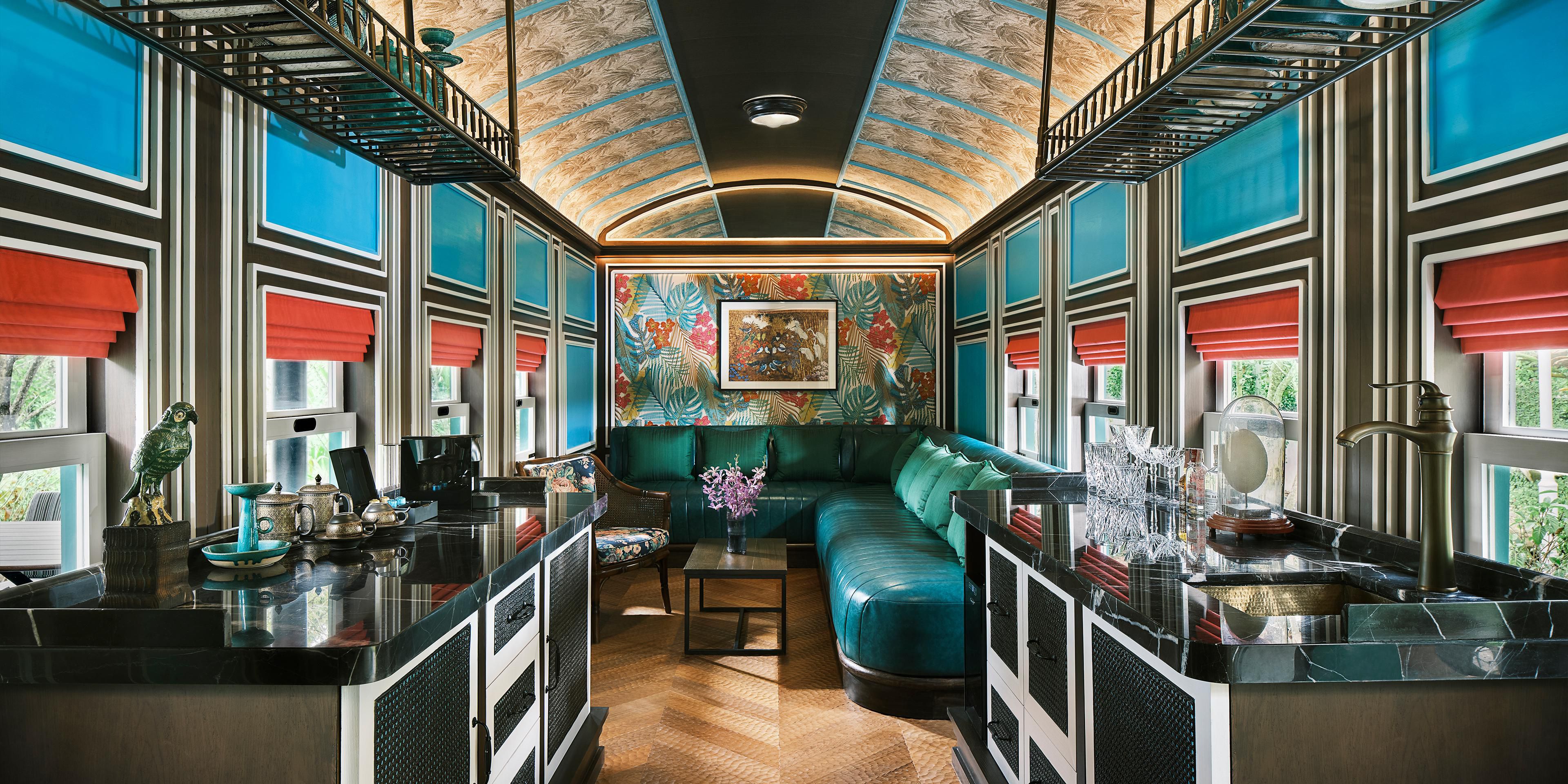A spacious living room of Heritage railcar 1Bedroom villa