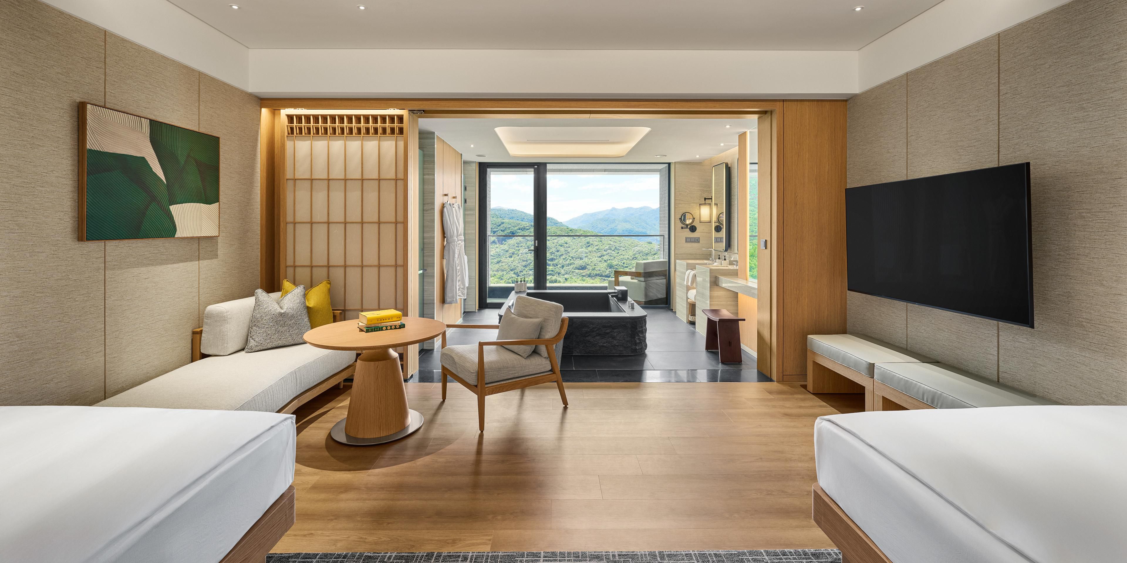 Every guestroom features a private soaking tub for uninterrupted, anytime in-room bathing. Spacious bathrooms and thoughtful amenities enhance comfort—ideal for couples, families, and solo travelers—bringing a resort-style soak without leaving your room.