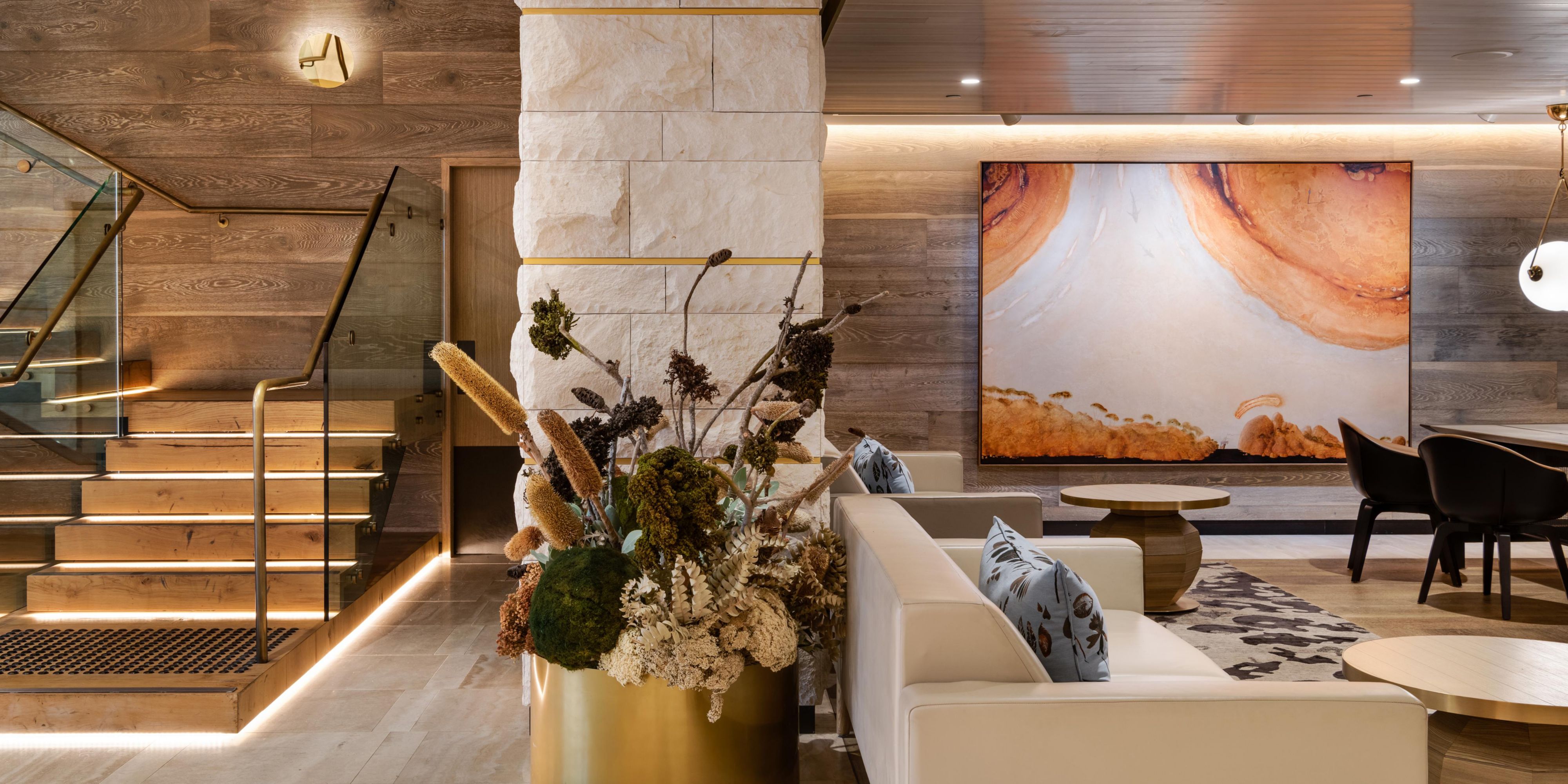 While staying at InterContinental Perth City Centre, take a moment to admire the stunning bespoke art displayed around the hotel. There are over 300 unique pieces of art on show, all of which are by talented Western Australian artists. On arrival, you may notice the mesmerising glass sculpture hanging above, suspended from the lobby's high ceiling.