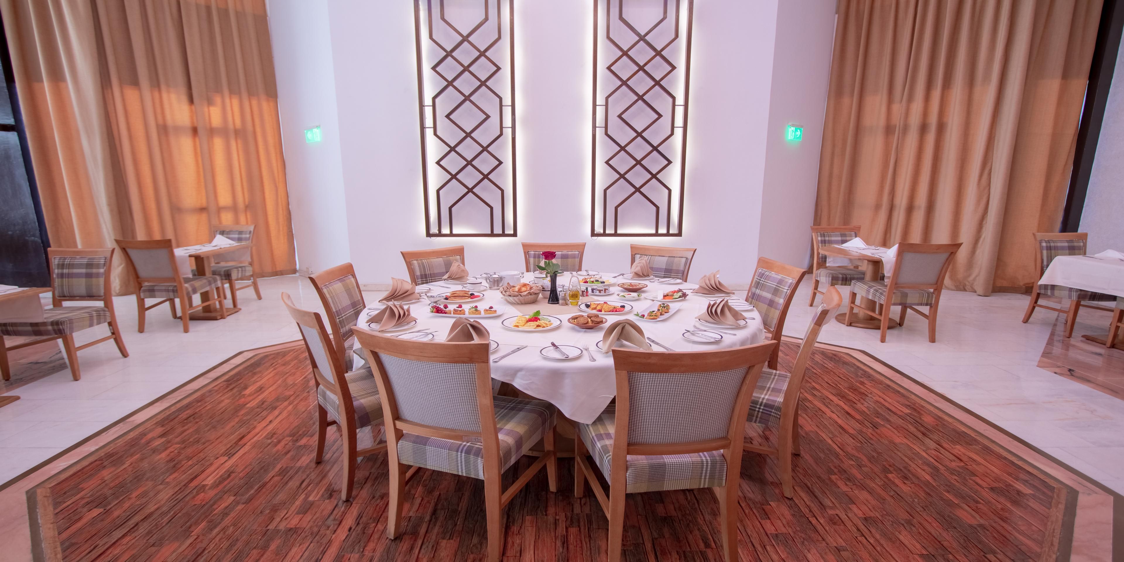Operating hours for Hawazen Restaurant are 6:30 AM to 23:30 PM.   Breakfast is served from 6:30 am to 10:30 am, Lunch is served from 12:30 pm to 3:30 pm, and Dinner is served from 7:30 pm to 11:30 pm. Room service is available around-the-clock.