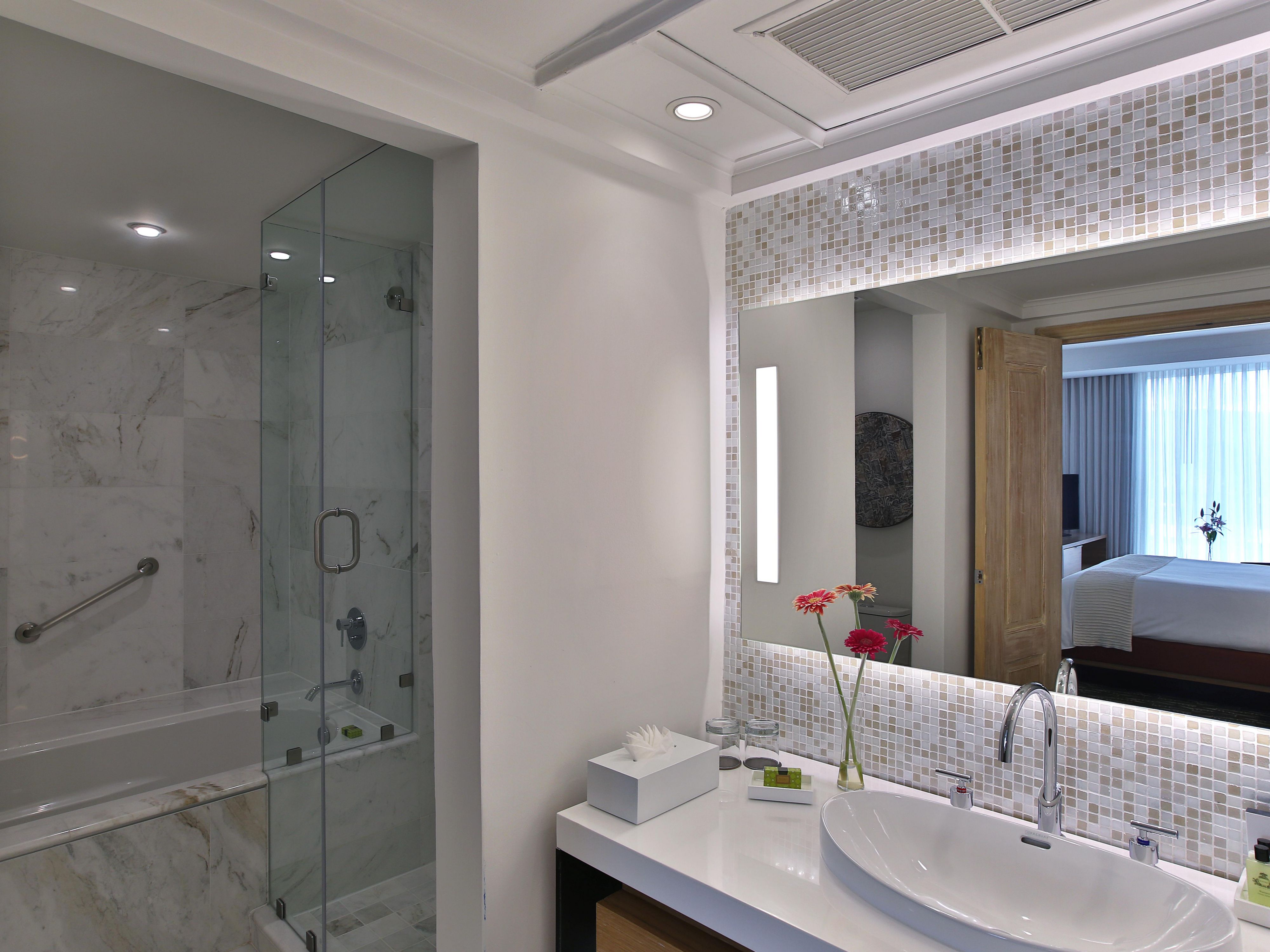 Our Junior Suite bathroom has plenty of counter space to get ready