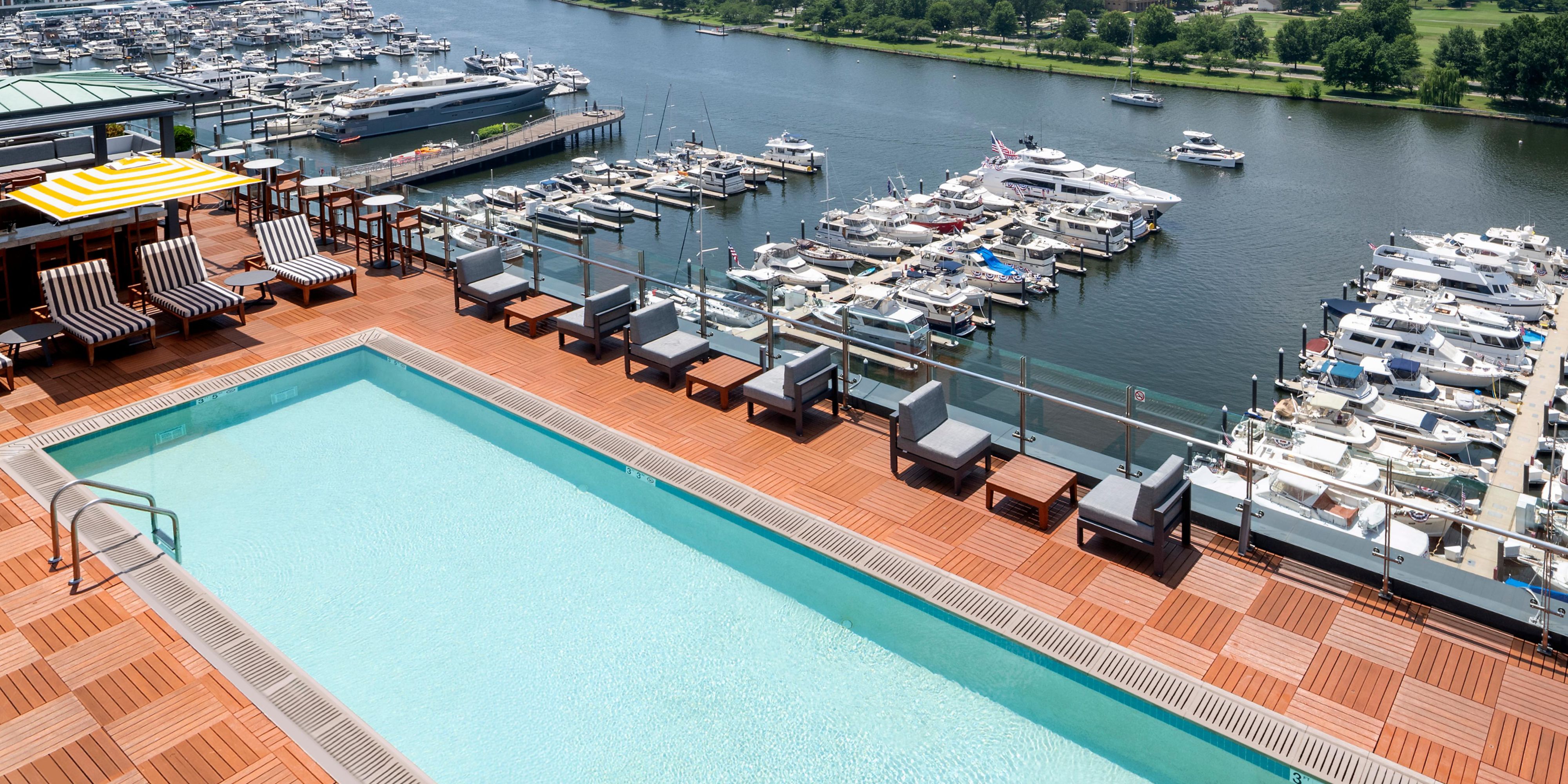 Rooftop pool and marina views at InterContinental by The Wharf.