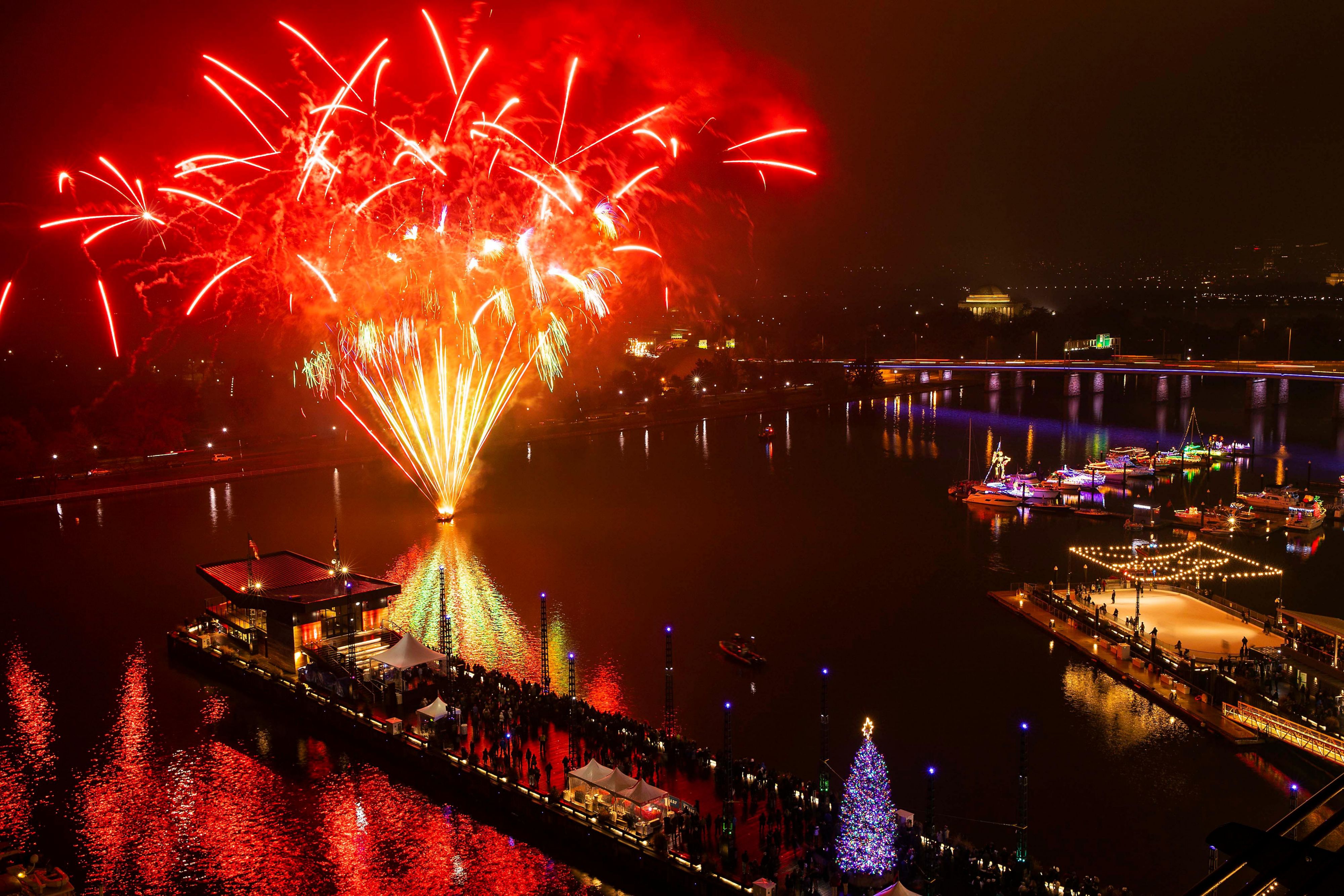 The Wharf at night with fireworks