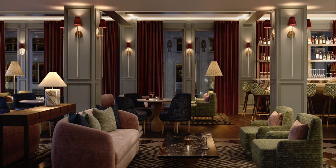 A refined bar and dining area that resembles an upscale living room.