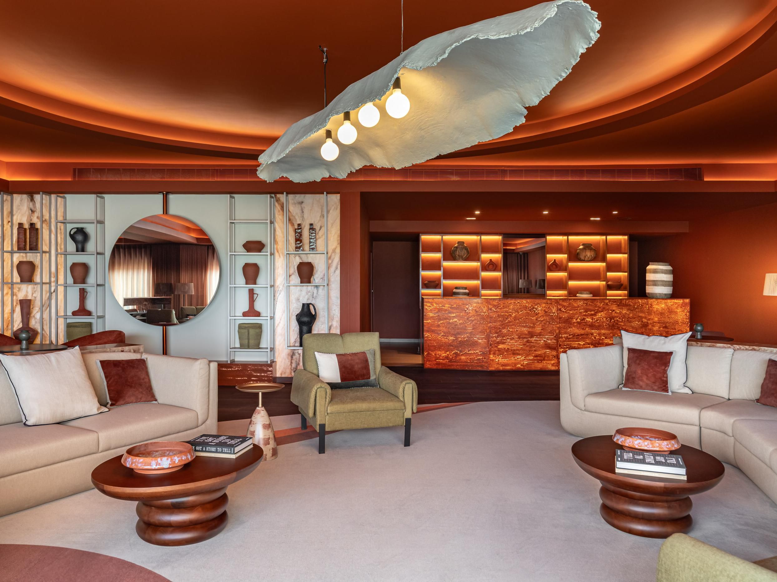 Stylish lobby lounge with elegant design and warm tones