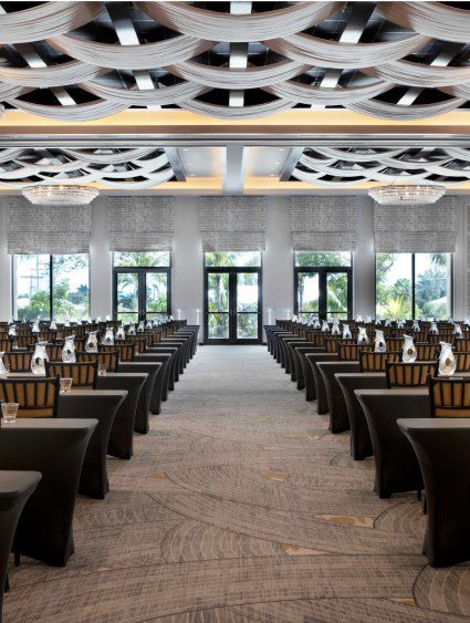 large meeting room with floor to ceiling windows and palm tree views