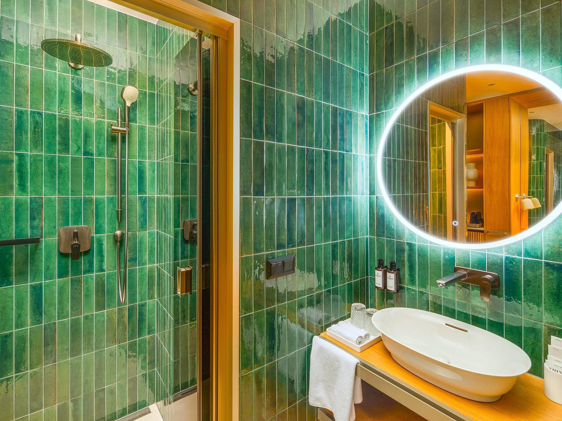 Bathroom with vibrant décor designed by Marcel Wanders.